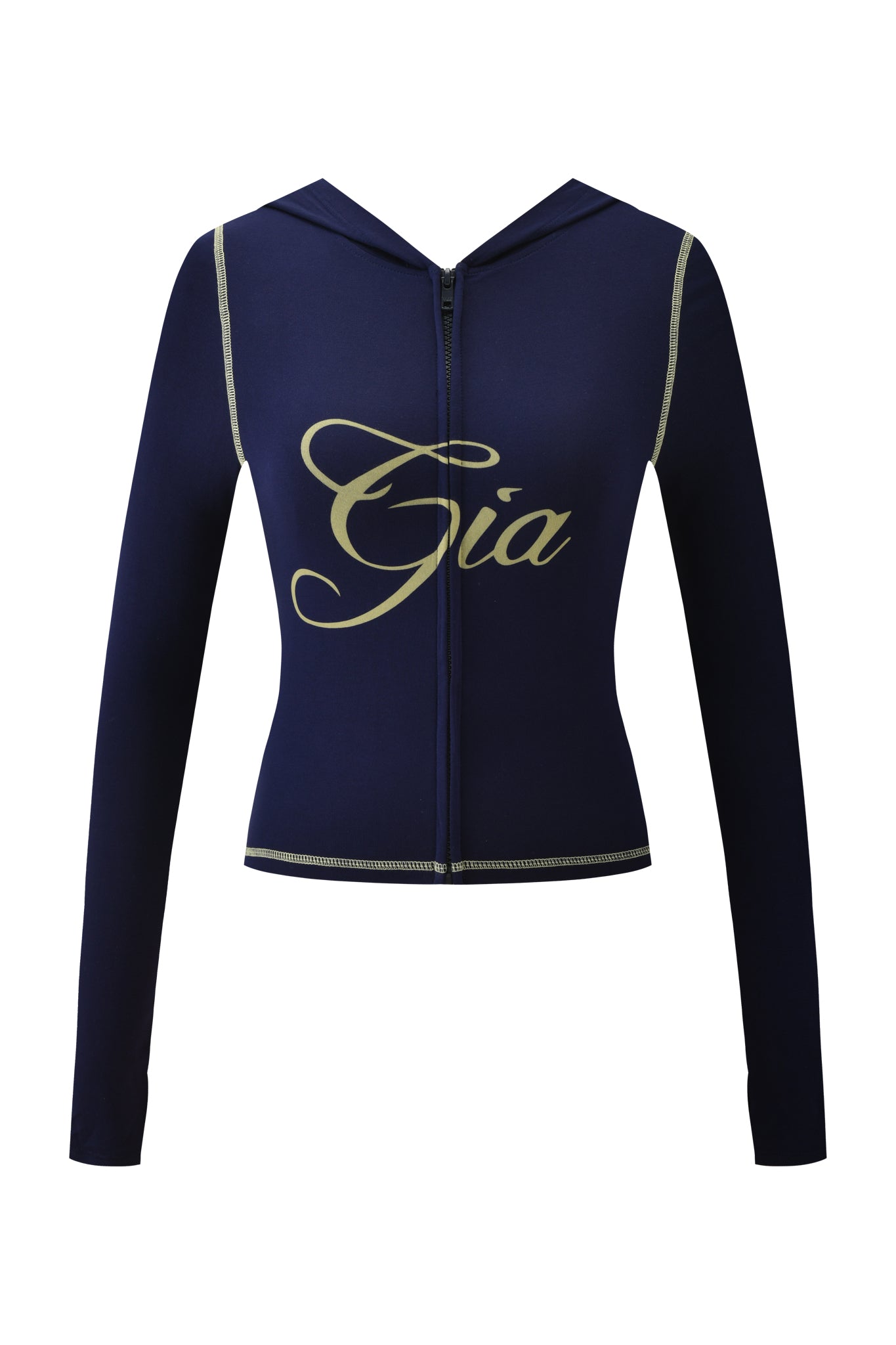 The BLARE HOODIE - NAVY by I.AM.GIA is a navy blue, bodycon-fit hoodie with light stitching and "Gia" in bold, contrasting script across the chest.