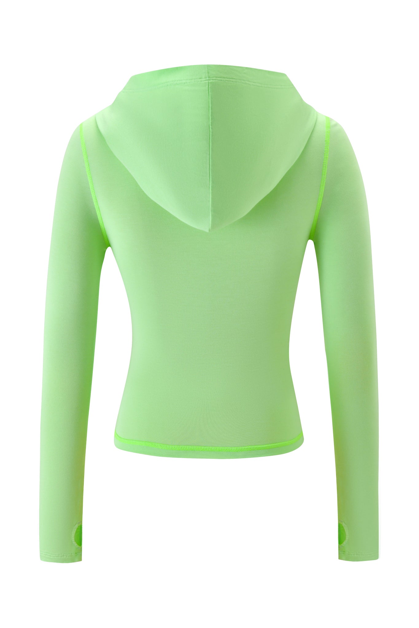 The I.AM.GIA BLARE HOODIE in neon green is a bodycon-fit, long-sleeve hoodie with a back view. It features a hood and thumb holes on the sleeves for extra style and comfort.