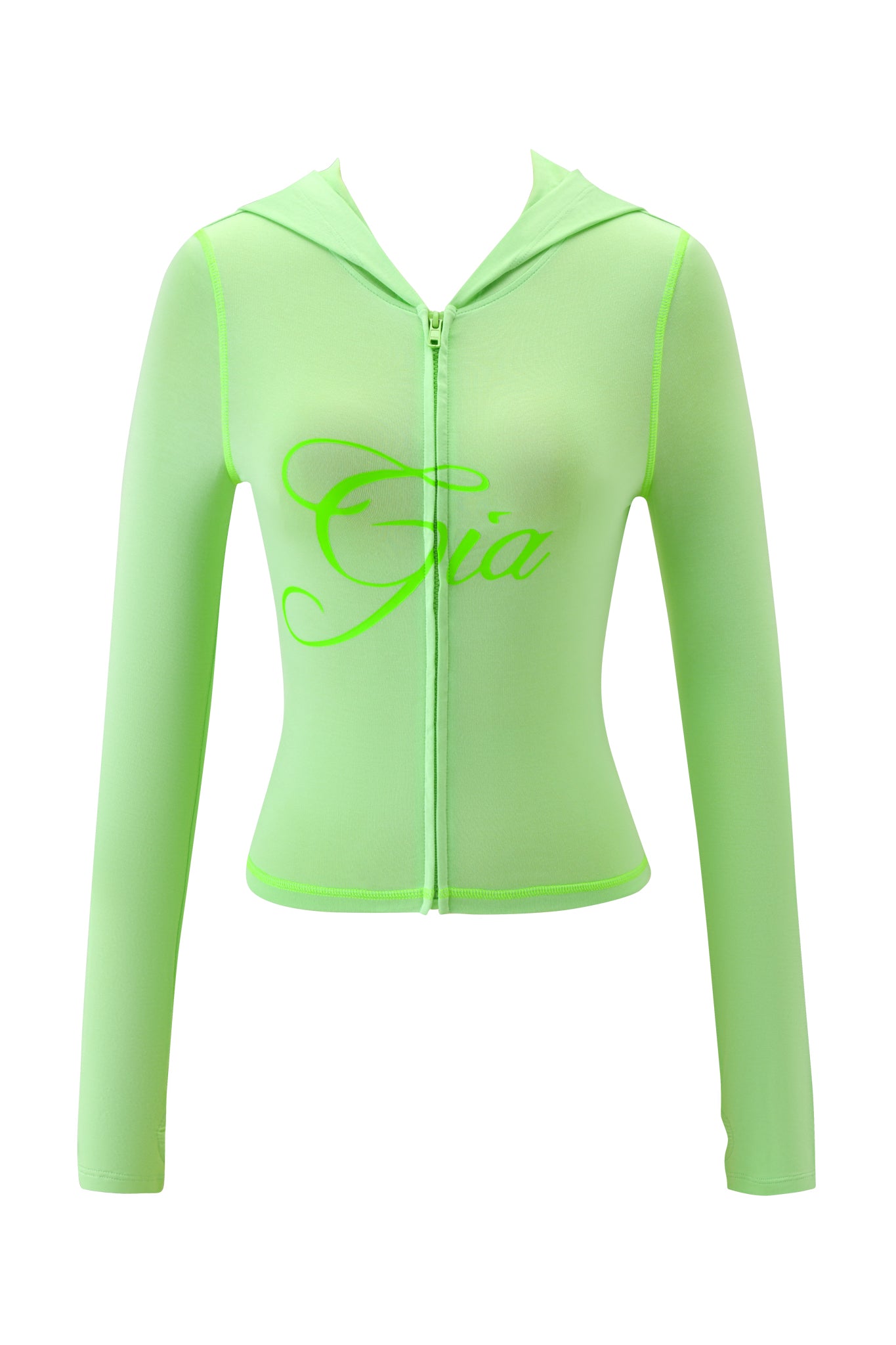 The BLARE HOODIE - NEON GREEN by I.AM.GIA is a neon green, long-sleeve, sheer zip-up hoodie with a bodycon fit, featuring "Gia" in large cursive on the chest.