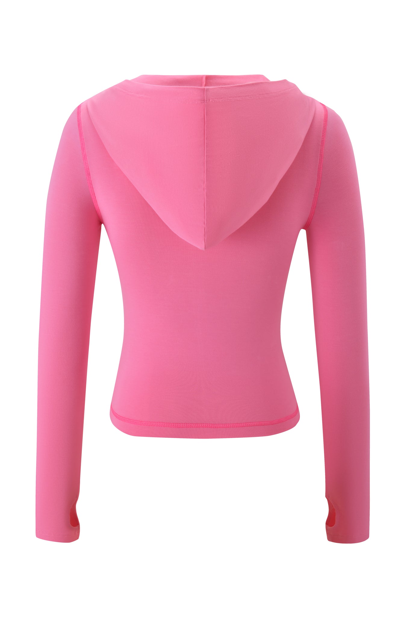 The BLARE HOODIE by I.AM.GIA is a neon pink, fitted long-sleeve hoodie shown from the back, featuring a bodycon fit, smooth texture, no visible logos or patterns, a hood, and thumb holes on the sleeves.
