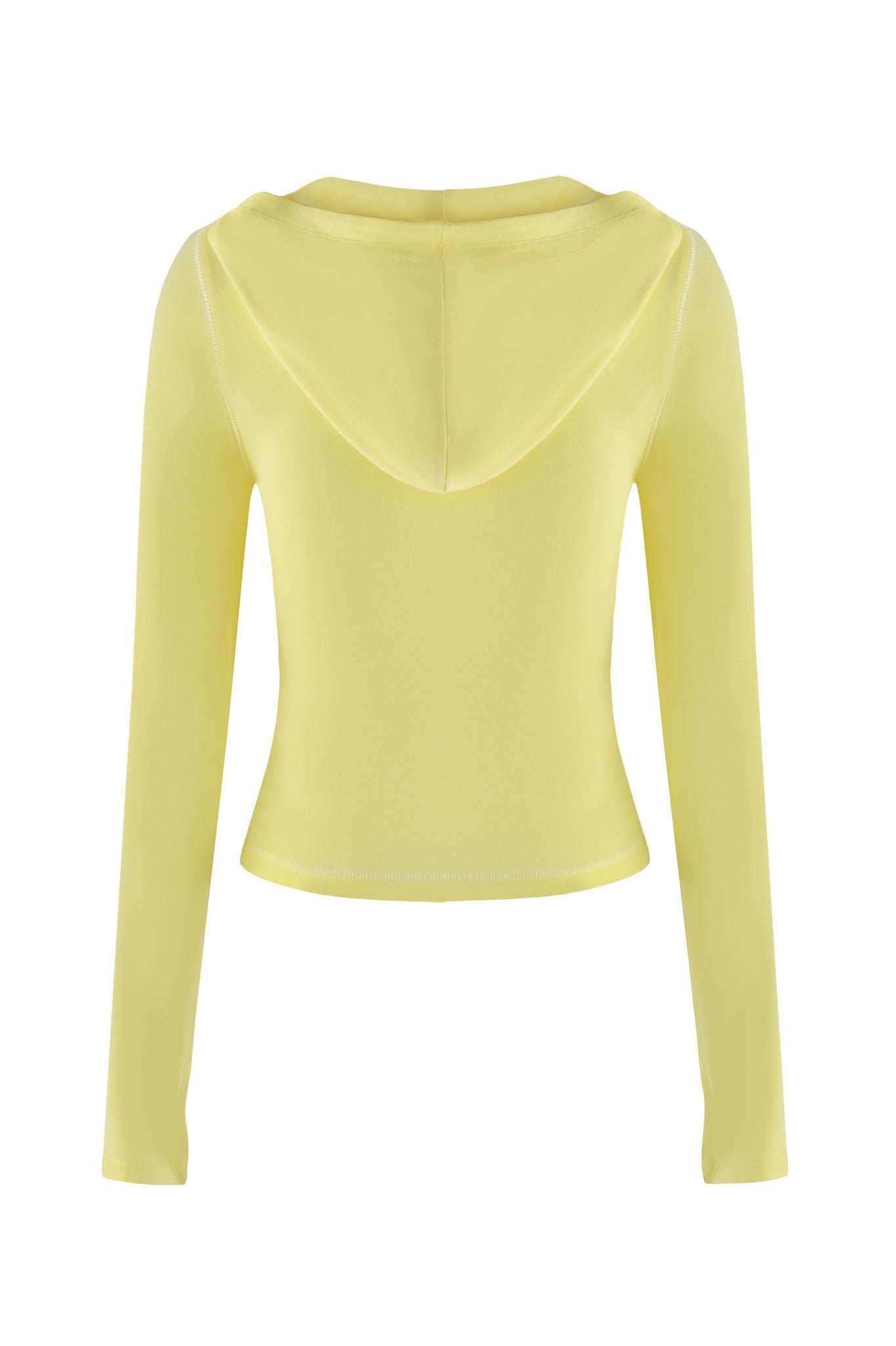 The I.AM.GIA BLARE HOODIE in pale yellow offers a stylish long-sleeve cropped design with thumb-hole cut-outs. Made from stretchy bamboo, it is photographed from the back on a white background for both comfort and fashion appeal.