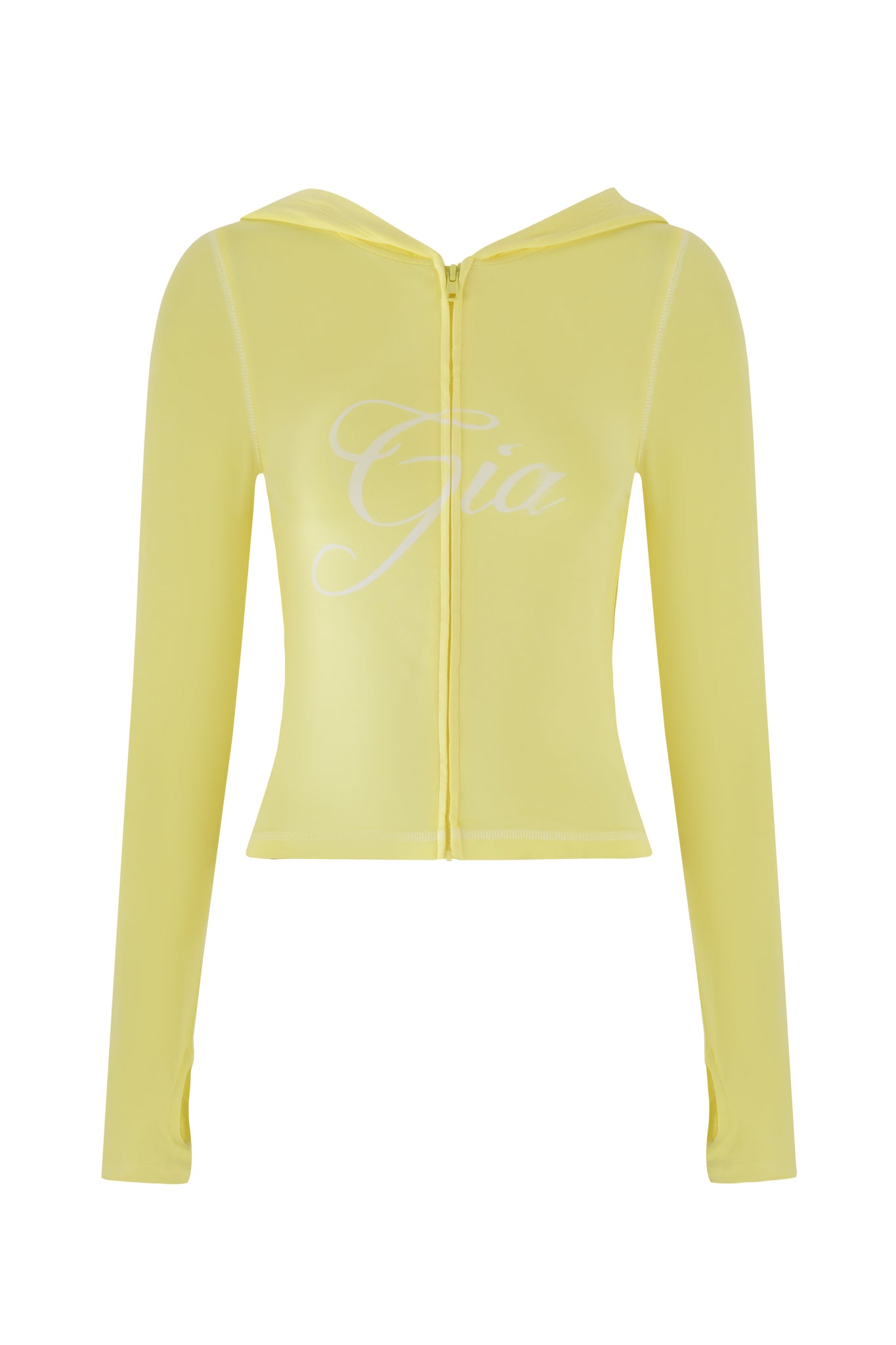 The BLARE HOODIE - YELLOW by I.AM.GIA features long sleeves, a zip-up front, and thumb-hole cut-outs for style and comfort. "Gia" is elegantly scripted in white across the chest. Crafted from stretchy bamboo, it offers a perfect blend of warmth and flexibility.