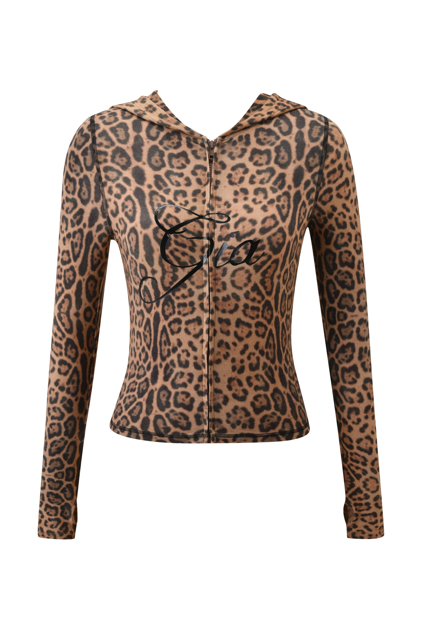 The BLARE HOODIE - PANTHERA by I.AM.GIA is a fitted, long-sleeve hoodie made from soft bamboo viscose with a brown and black cheetah print and bold black cursive writing across the chest.