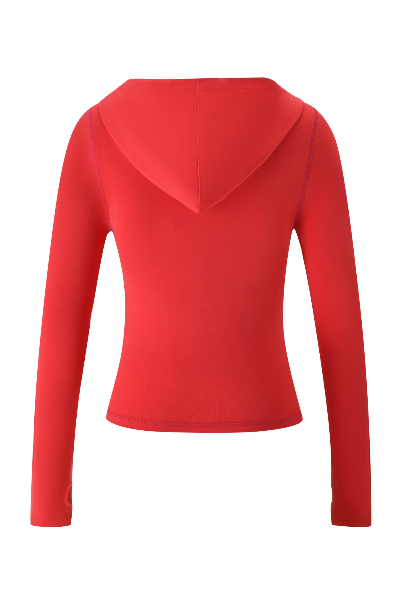 A fitted, long-sleeve I.AM.GIA BLARE HOODIE in Papaya is viewed from the back, featuring a smooth material, a simple hood, and no visible pockets or logos.