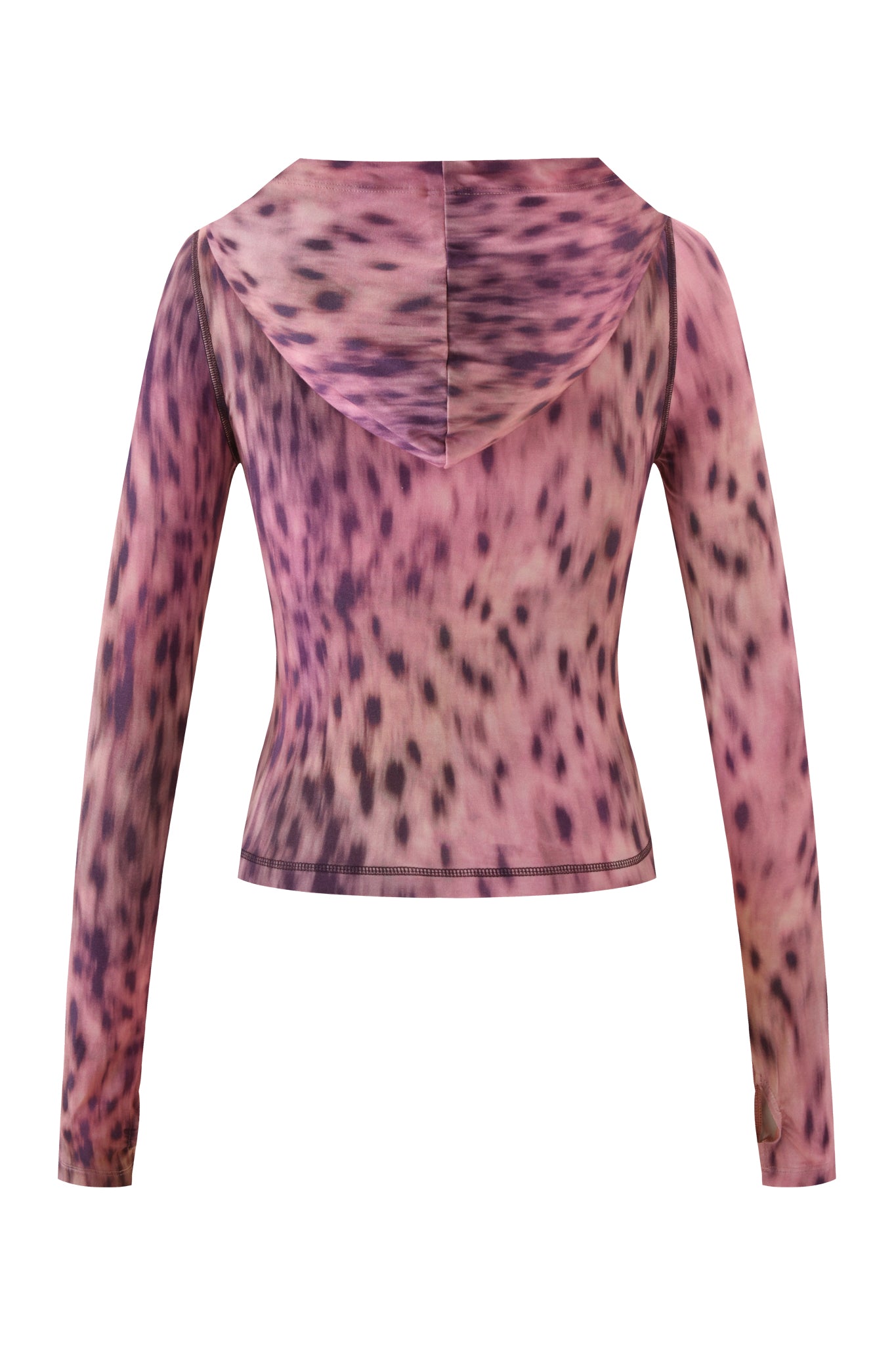 Back view of the BLARE HOODIE - PINK BLURRED CHEETAH by I.AM.GIA, a long-sleeve bodycon hoodie with a pink blurred cheetah print, fitted lightweight fabric, central back seam, and subtle edge stitching for a sleek finish.