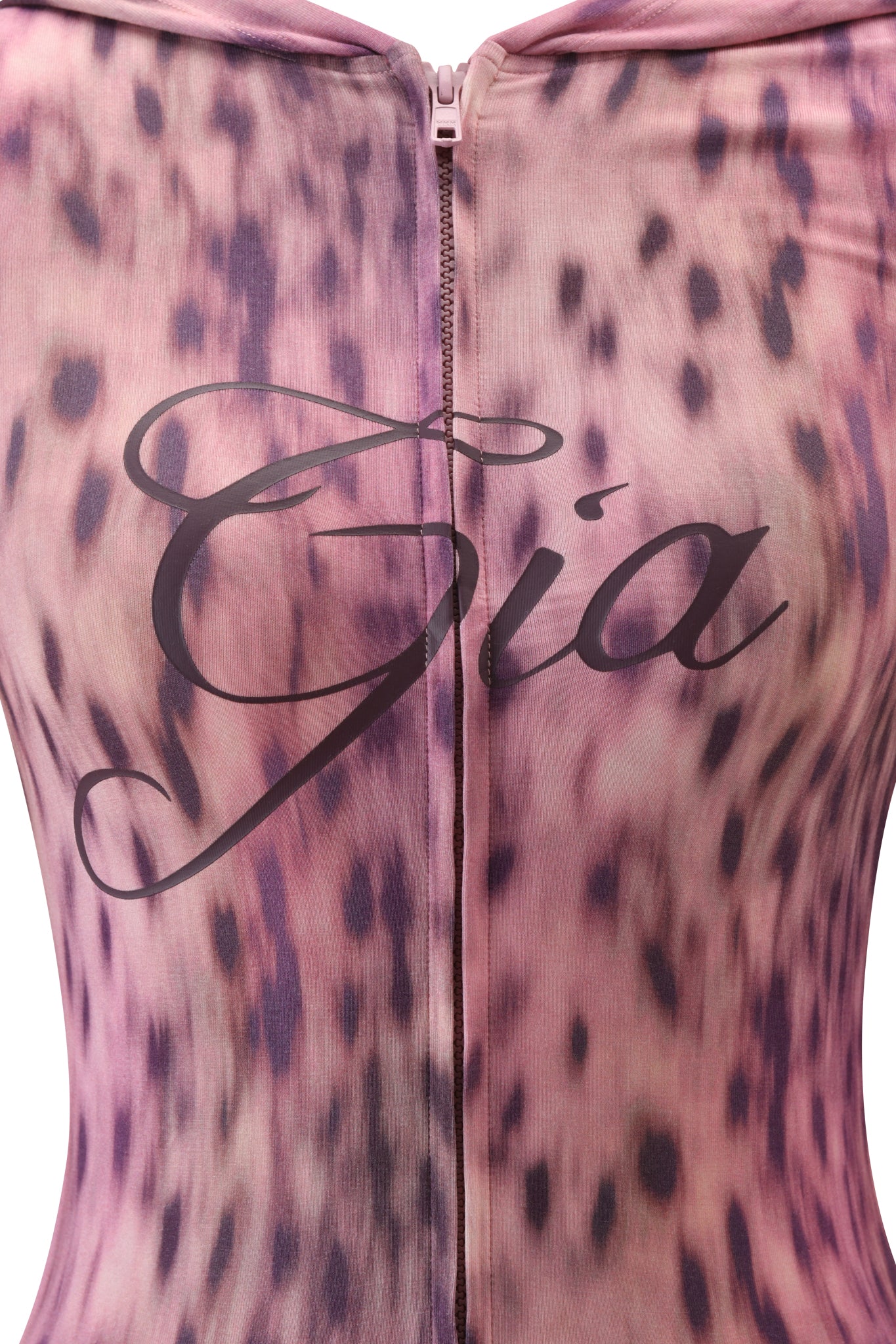 Close-up of the BLARE HOODIE - PINK BLURRED CHEETAH by I.AM.GIA, featuring pink cheetah print, a front zipper, and "Gia" in large script across the chest.