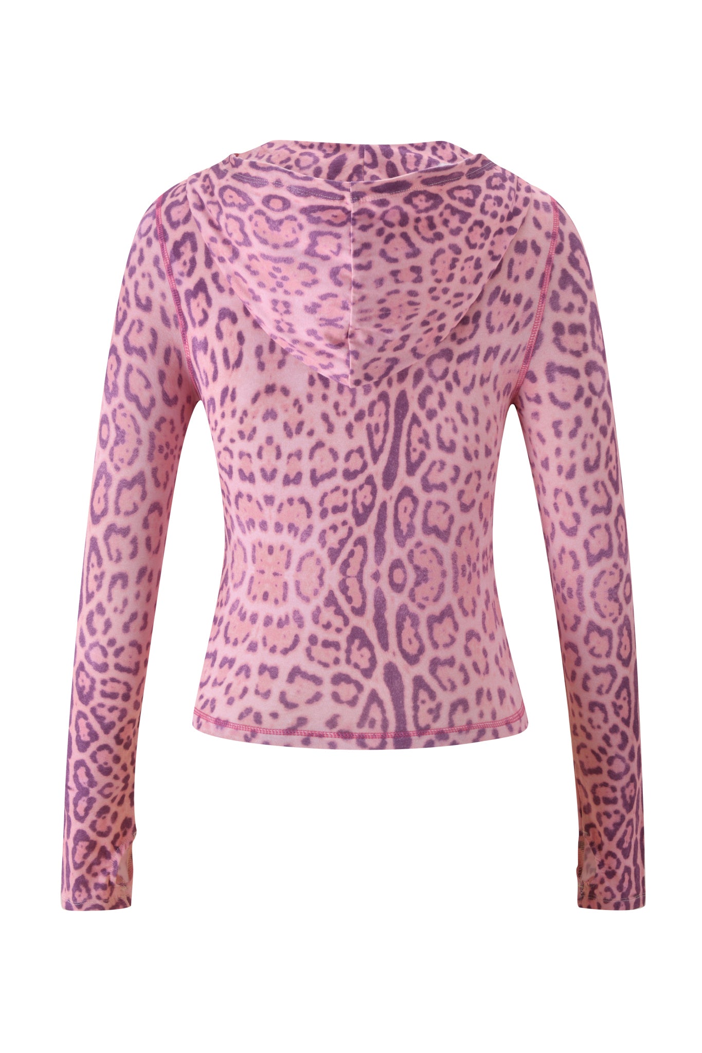 Back view of the I.AM.GIA BLARE HOODIE - PINK PANTHERA, a fitted, cropped long-sleeve bamboo viscose hoodie with a pink and purple leopard print on white.