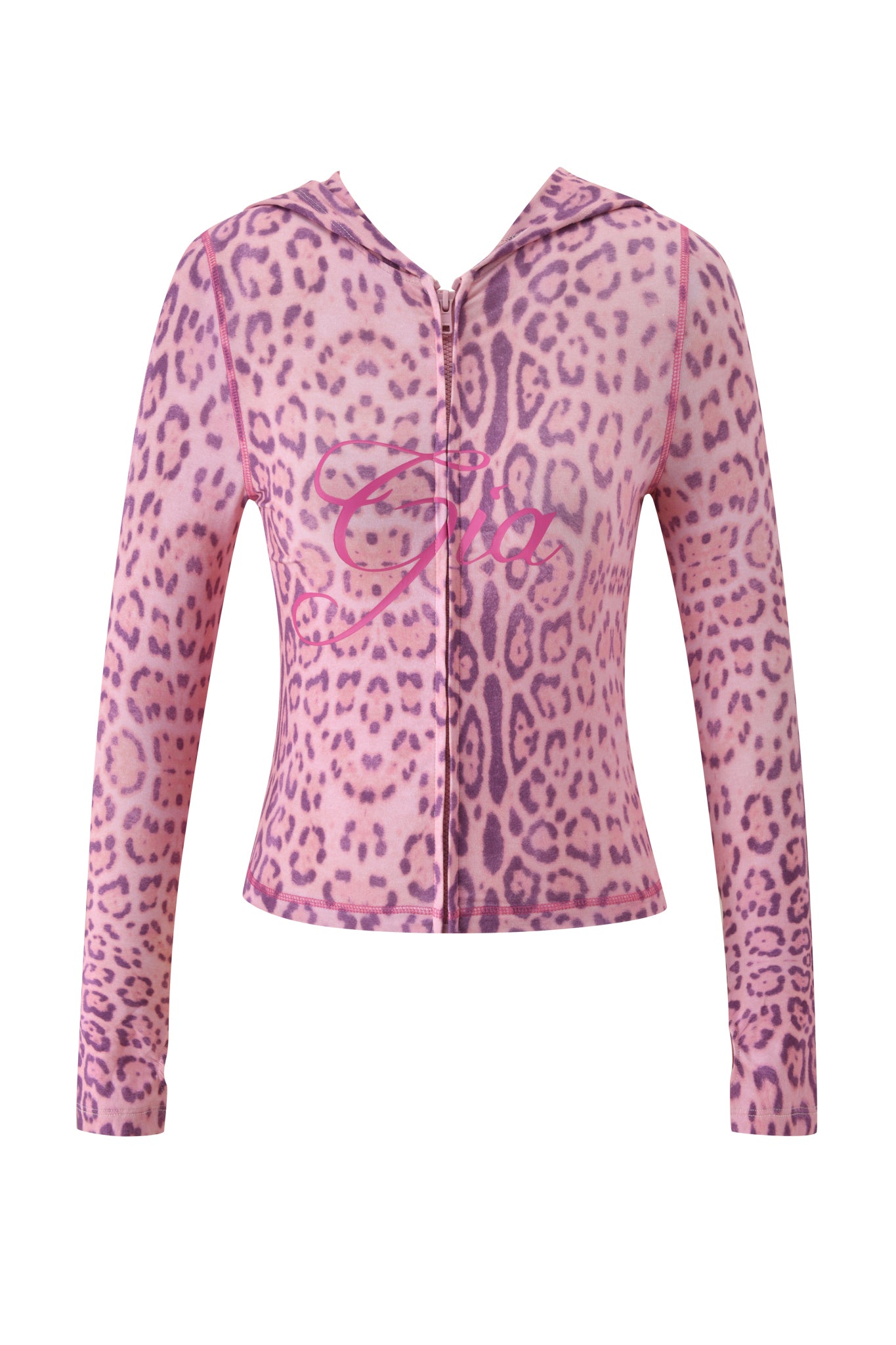 The I.AM.GIA BLARE HOODIE - PINK PANTHERA is a pink long-sleeve zip-up hoodie featuring a Pink Panthera print and subtle pink script across the chest, shown on a plain white background.