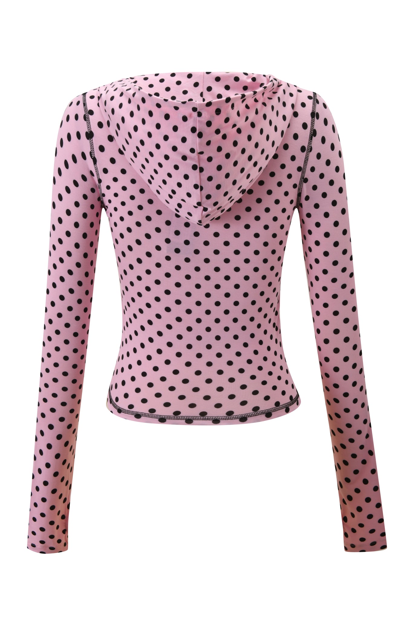 The BLARE HOODIE - PINK POLKA DOT by I.AM.GIA features long sleeves, a fitted cut, light pink bamboo fabric with playful polka dots, dark stitching on the hem and sleeve edges, and is shown from the back with the hood up.
