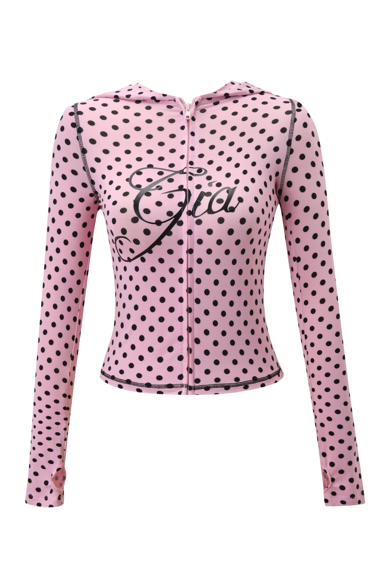 The BLARE HOODIE - PINK POLKA DOT by I.AM.GIA is a fitted, long-sleeve hoodie featuring pink polka dots, a front zipper, and "Gia" written in cursive across the chest.