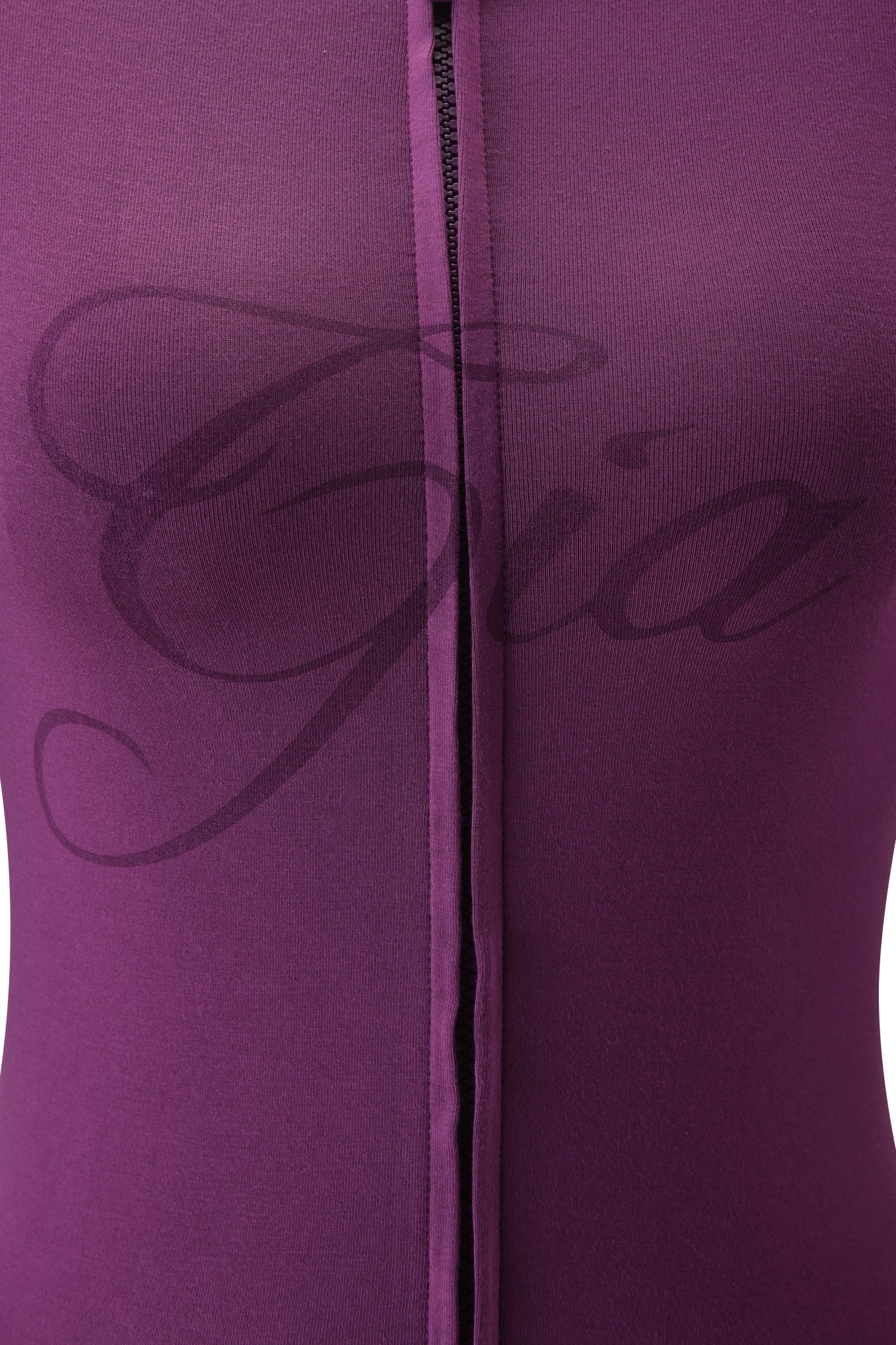 Close-up of the I.AM.GIA BLARE HOODIE in plum, featuring a vertical seam and "Gia" printed in bold, elegant script across the fabric.
