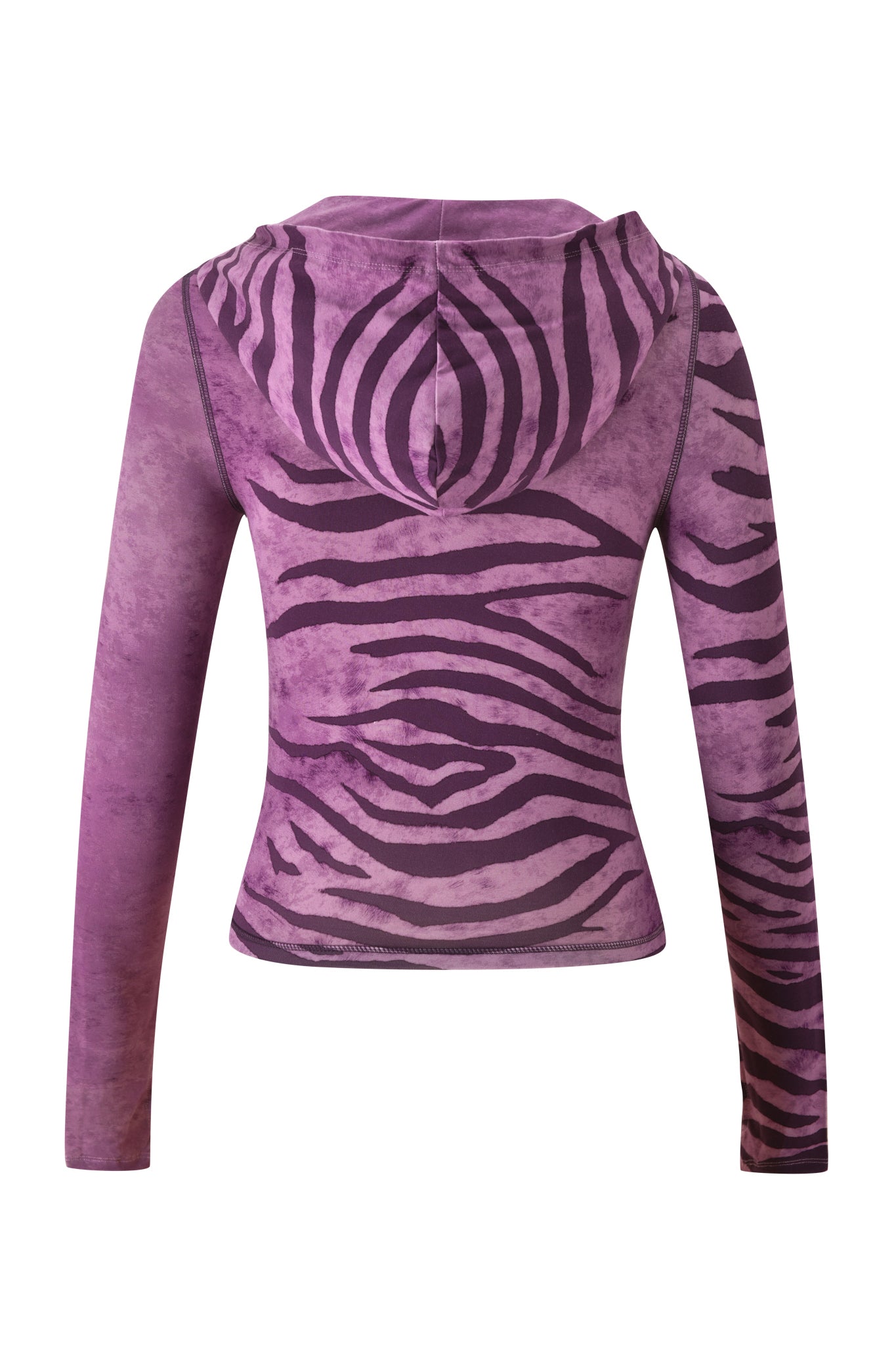 The I.AM.GIA BLARE HOODIE - PLUM WILD SIDE features fitted long sleeves and a purple-and-black zebra print, shown from the back. Its bamboo blend gives a comfy, slightly faded look with extra texture and style.