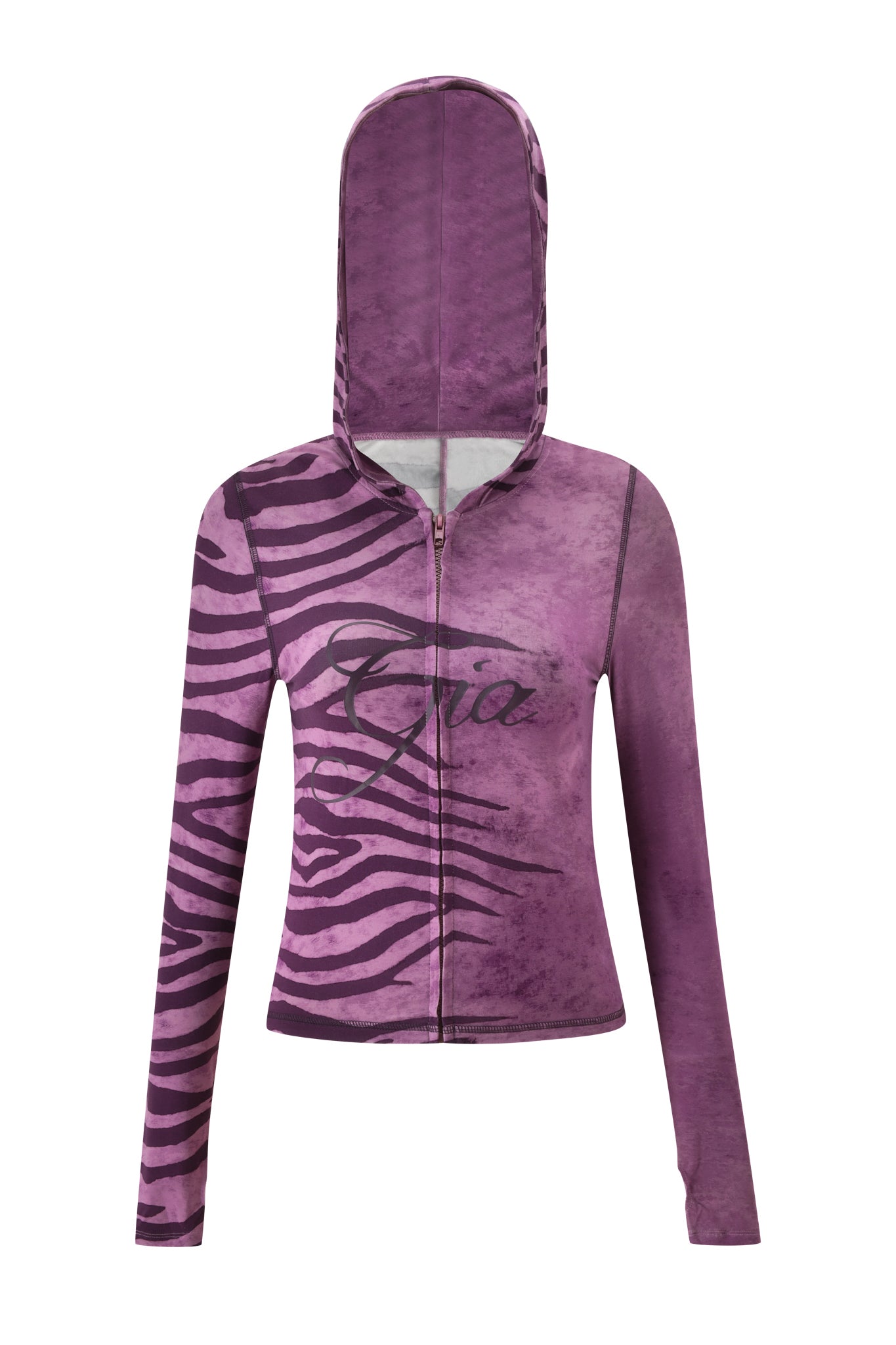 The I.AM.GIA BLARE HOODIE - PLUM WILD SIDE features a zebra-striped print on one side, solid purple on the other, and "Gia" across the chest. Made from soft bamboo fabric and shown with the hood up for a bold statement.