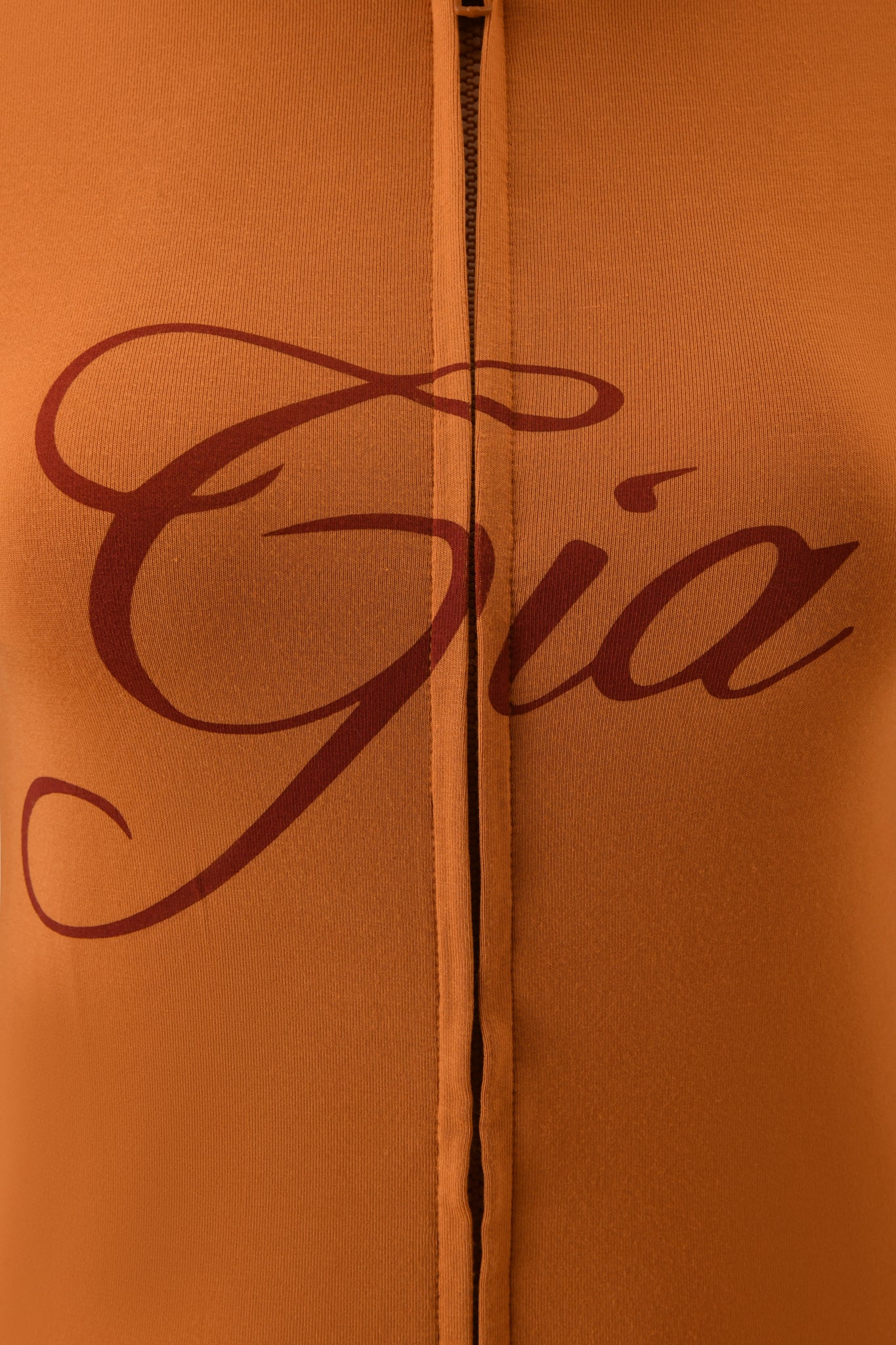 A close-up showcasing the sleek fit of the BLARE HOODIE - PUMPKIN by I.AM.GIA.