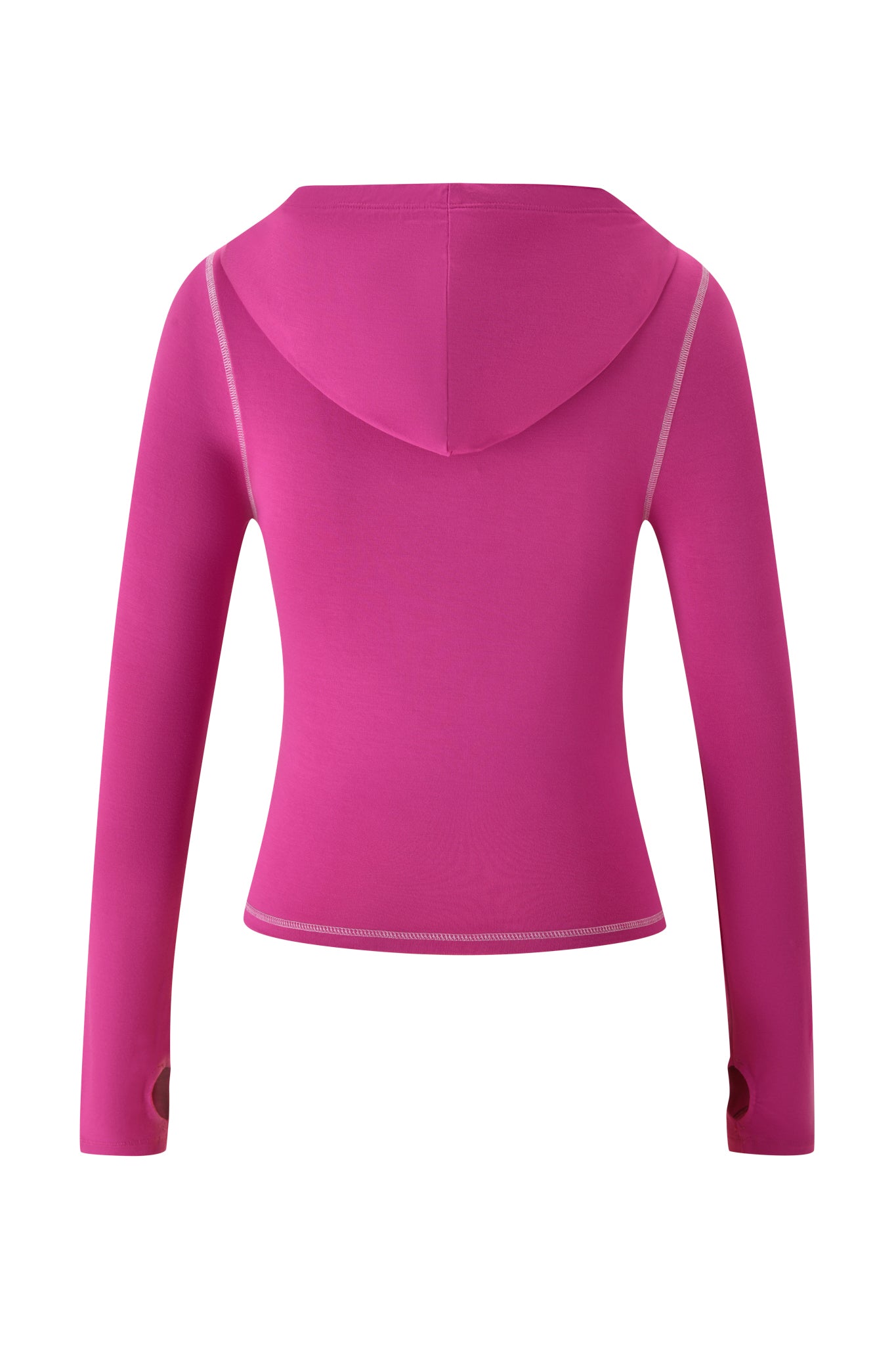 The I.AM.GIA BLARE HOODIE - RASPBERRY is a vibrant pink, long-sleeve hoodie shown from the back, with fitted sleeves featuring thumb holes and light-colored seam stitching.
