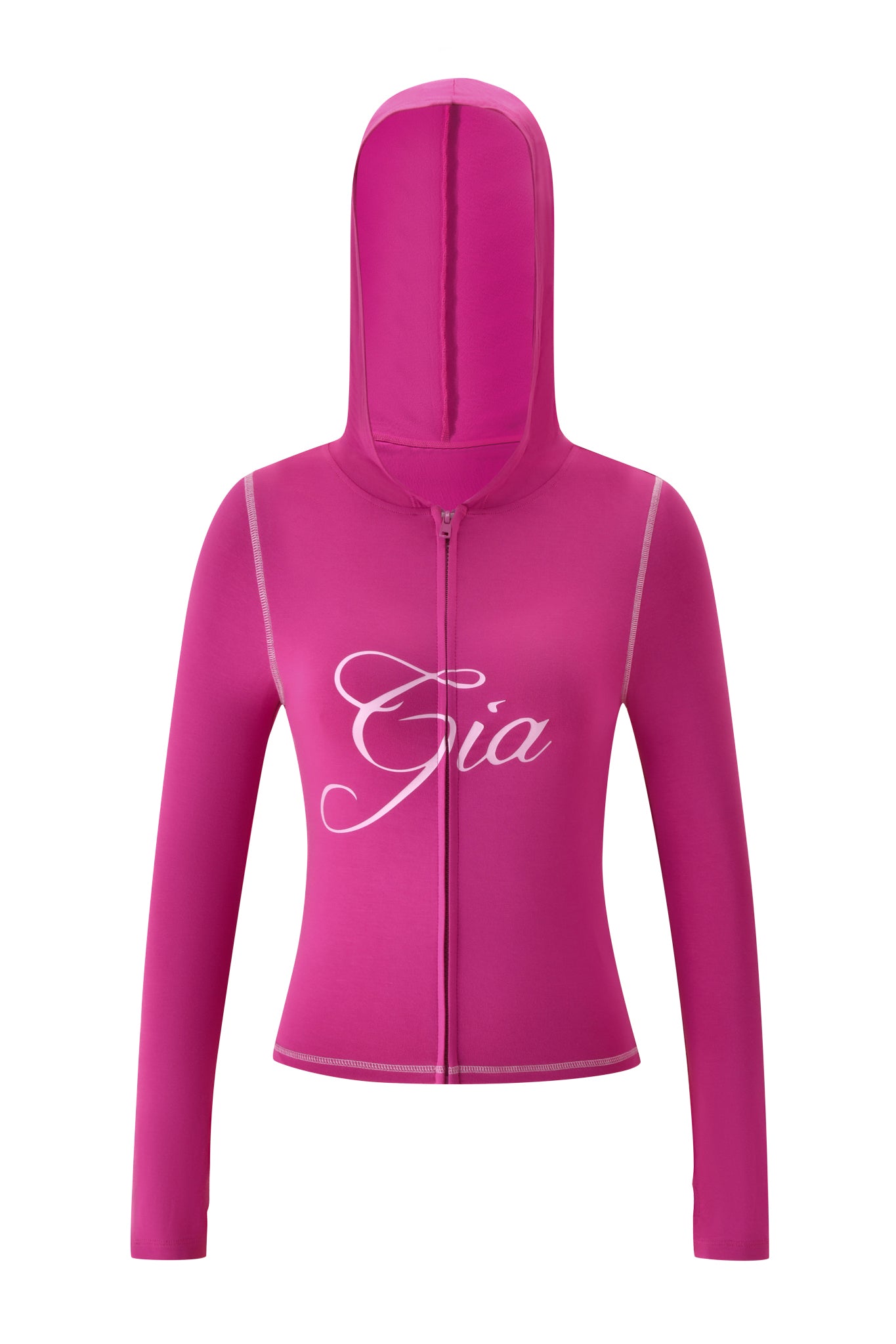 The I.AM.GIA BLARE HOODIE - RASPBERRY is a vibrant pink zip-up hoodie featuring long sleeves, a hood, white stitching, and "Gia" printed in bold white script across the chest.