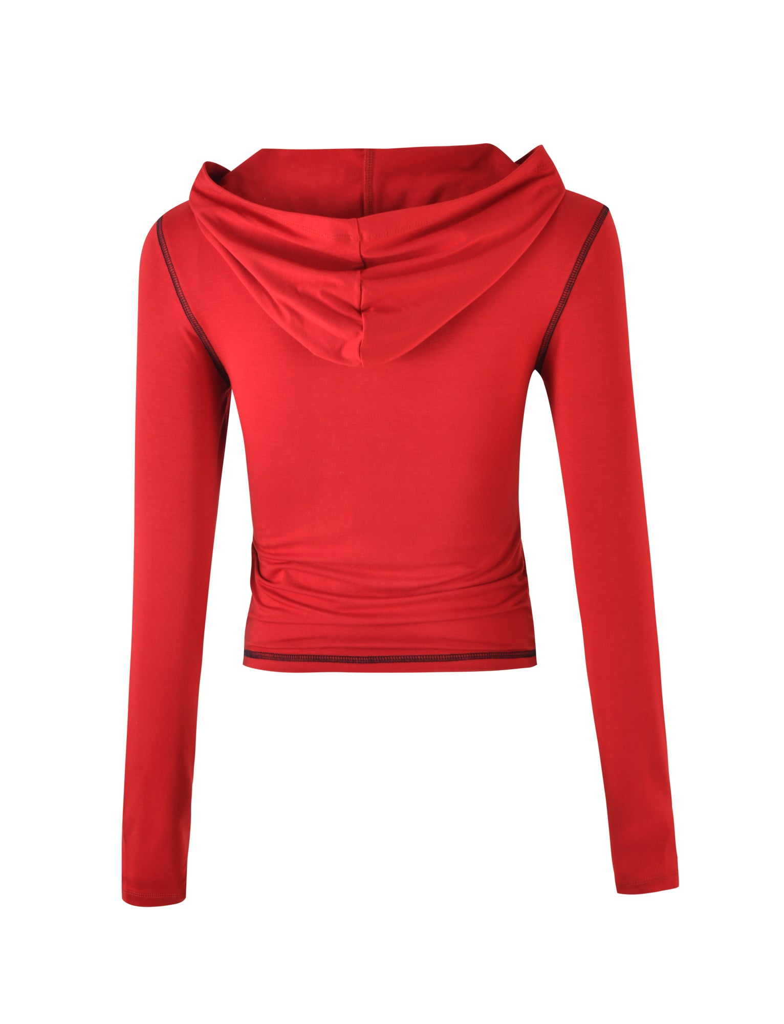 A red BLARE HOODIE by I.AM.GIA viewed from the back. The form-fitting fabric shows visible seam stitching, with the hood lying flat against the back. The bodycon silhouette extends slightly below the waist and features a placement print 'GIA' logo on the side.