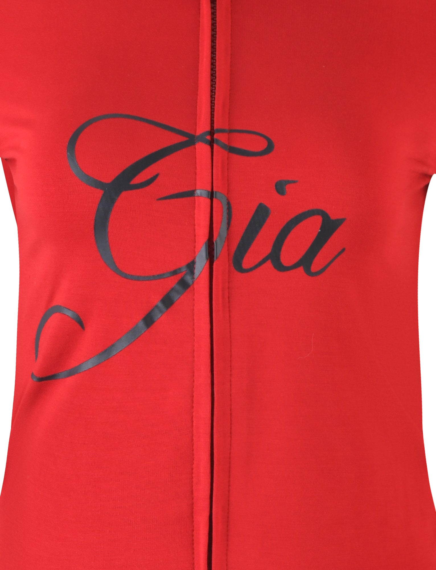 Close-up of the upper part of a red I.AM.GIA BLARE HOODIE featuring a stylized 'GIA' logo in black cursive lettering. The garment's zipper runs vertically down the center, enhancing its bodycon silhouette.