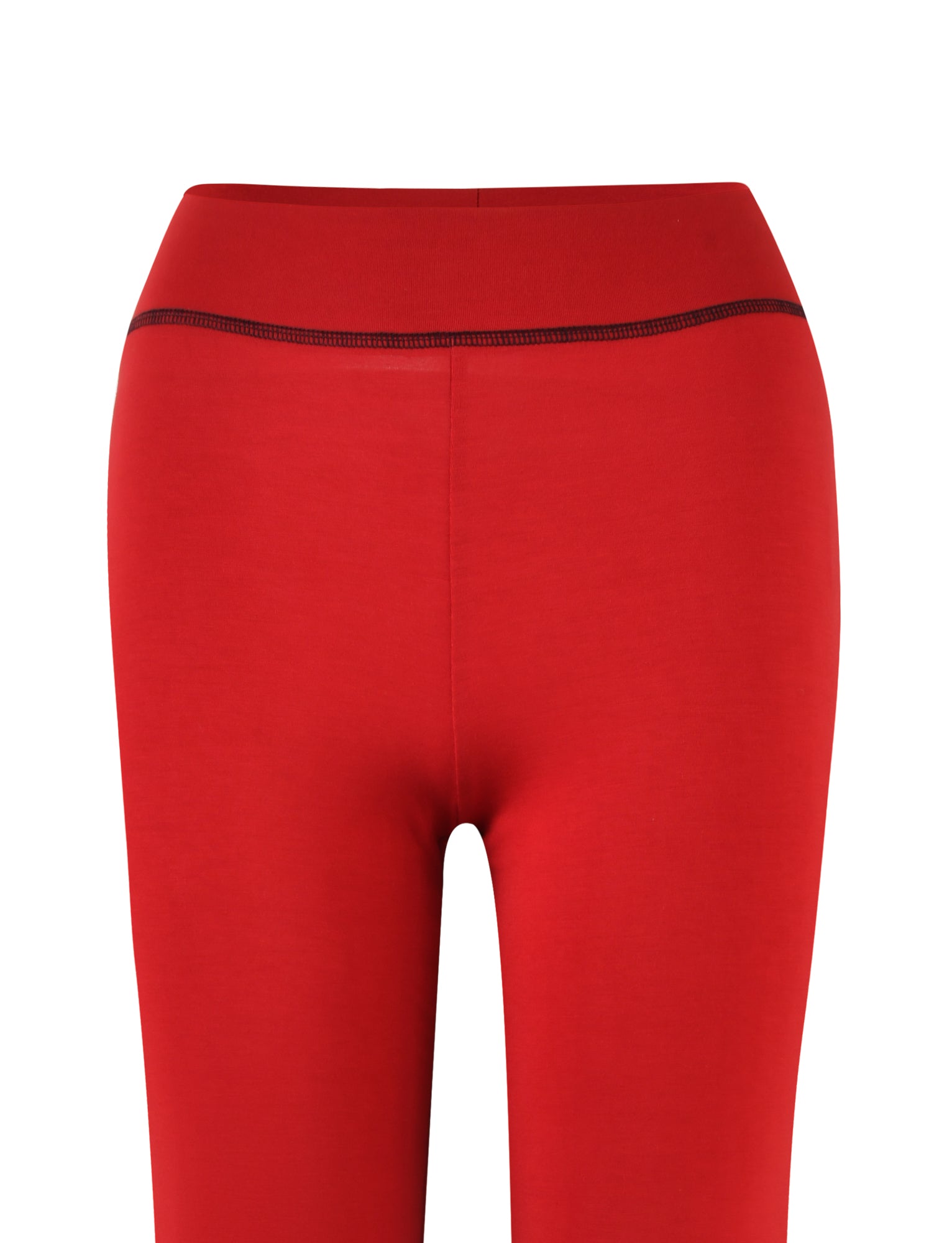 A pair of BLARE TRACKPANT - RED from I.AM.GIA features a high waistband and a visible seam running horizontally near the top. Made from smooth, stretchy bamboo fabric, these bright red leggings offer both comfort and style. The image highlights the waist and upper leg area of the bodycon silhouette.