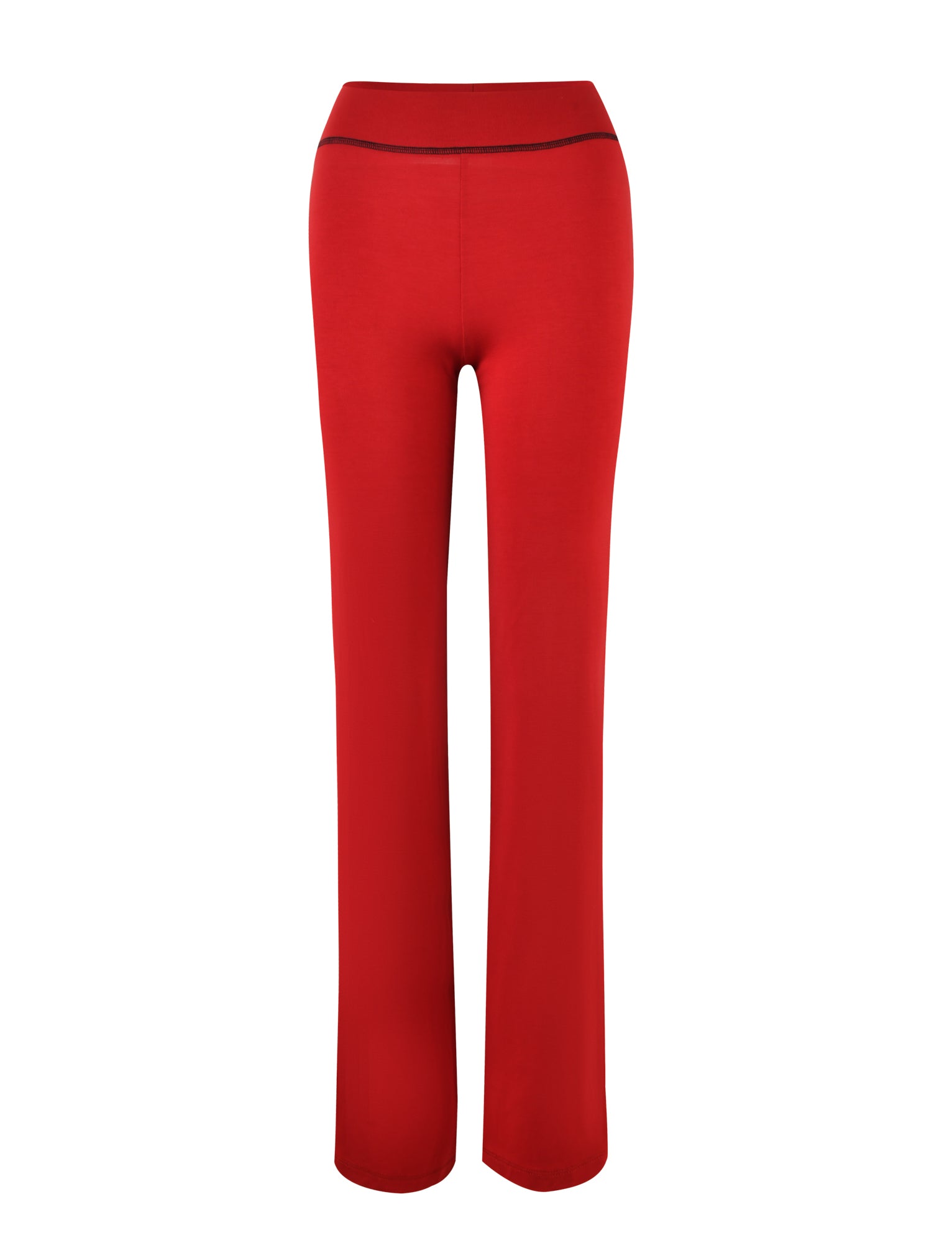 A pair of I.AM.GIA BLARE TRACKPANT - RED women's pants is displayed. They are full-length with a straight leg cut and an elastic waistband, crafted from stretchy bamboo fabric, featuring a simple and sleek design. The pants are shown against a plain white background.