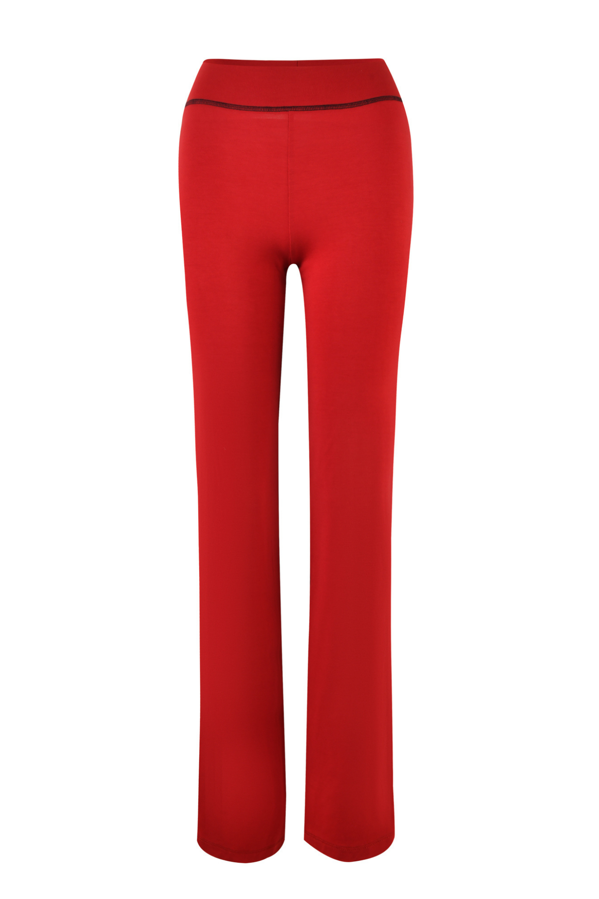 The BLARE TRACKPANT - RED by I.AM.GIA is a women’s high-waisted pant featuring a striking red hue, black waistband detail, and straight-leg cut with no visible pockets or embellishments. Made from soft bamboo fabrication, these pants are showcased against a plain white background.