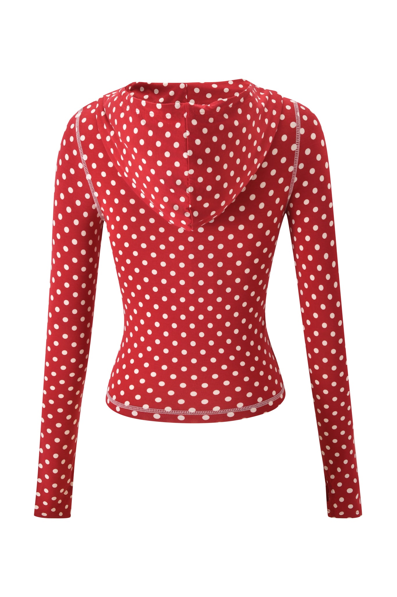 The BLARE HOODIE - RED POLKA DOT by I.AM.GIA features a fitted silhouette, long sleeves, soft fabric, and a vibrant red polka dot design, shown from the back.