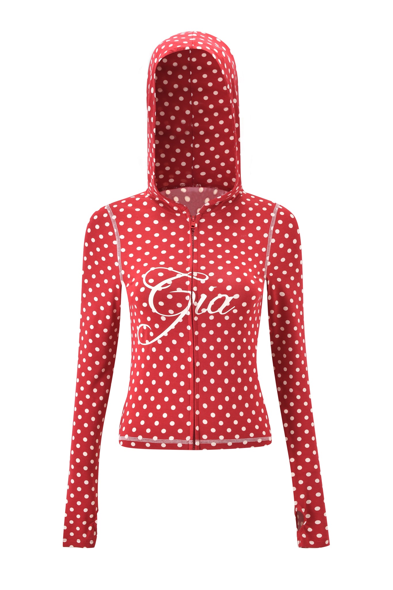 The BLARE HOODIE - RED POLKA DOT by I.AM.GIA features a zip-up front, long sleeves, white piping, and "Cia" scripted on the chest in vibrant red polka dots, shown against a plain white background.