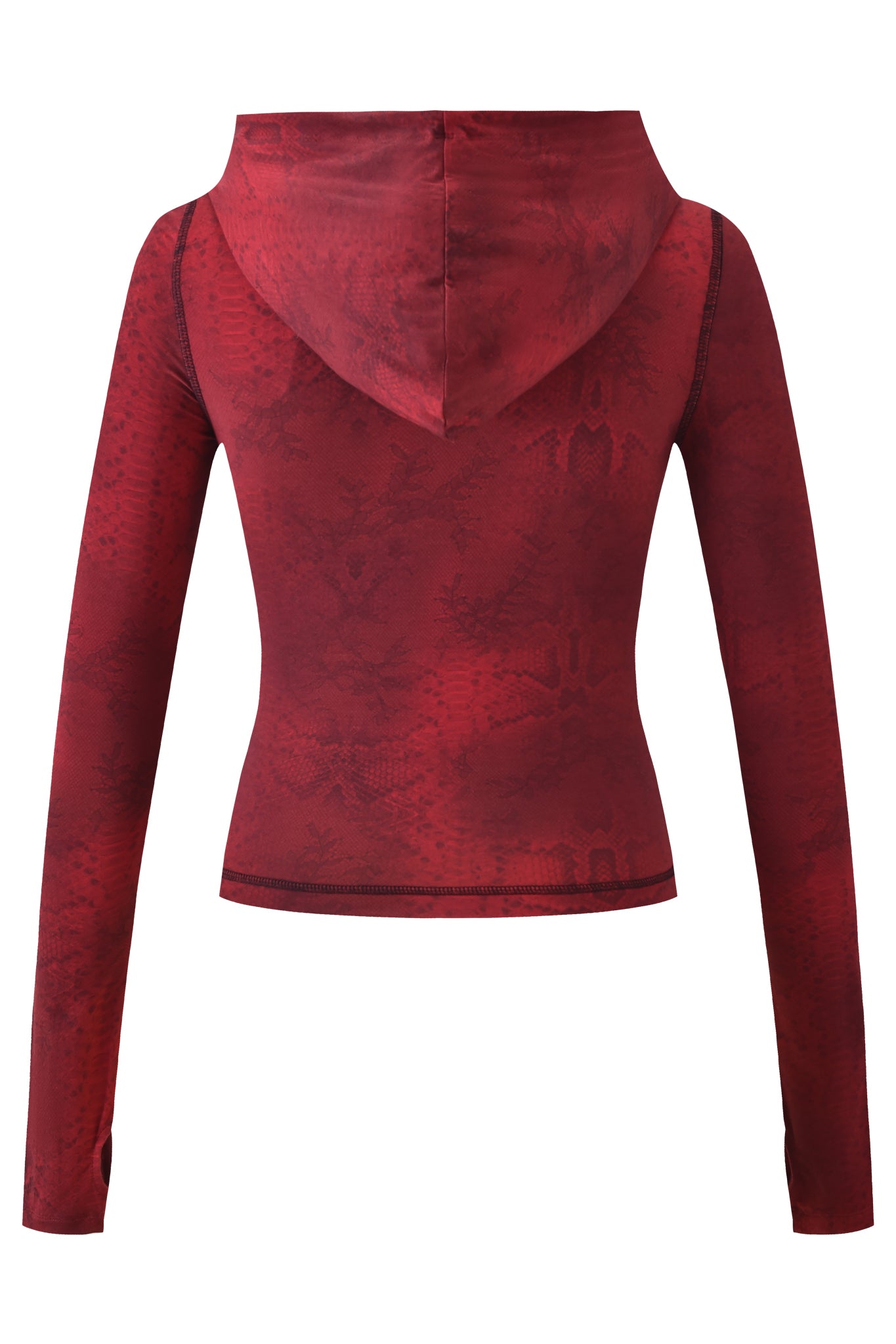 The I.AM.GIA BLARE HOODIE - RED SERPENTINE features a fitted, long-sleeve design with a subtle serpentine print, displayed from the back against a white background.