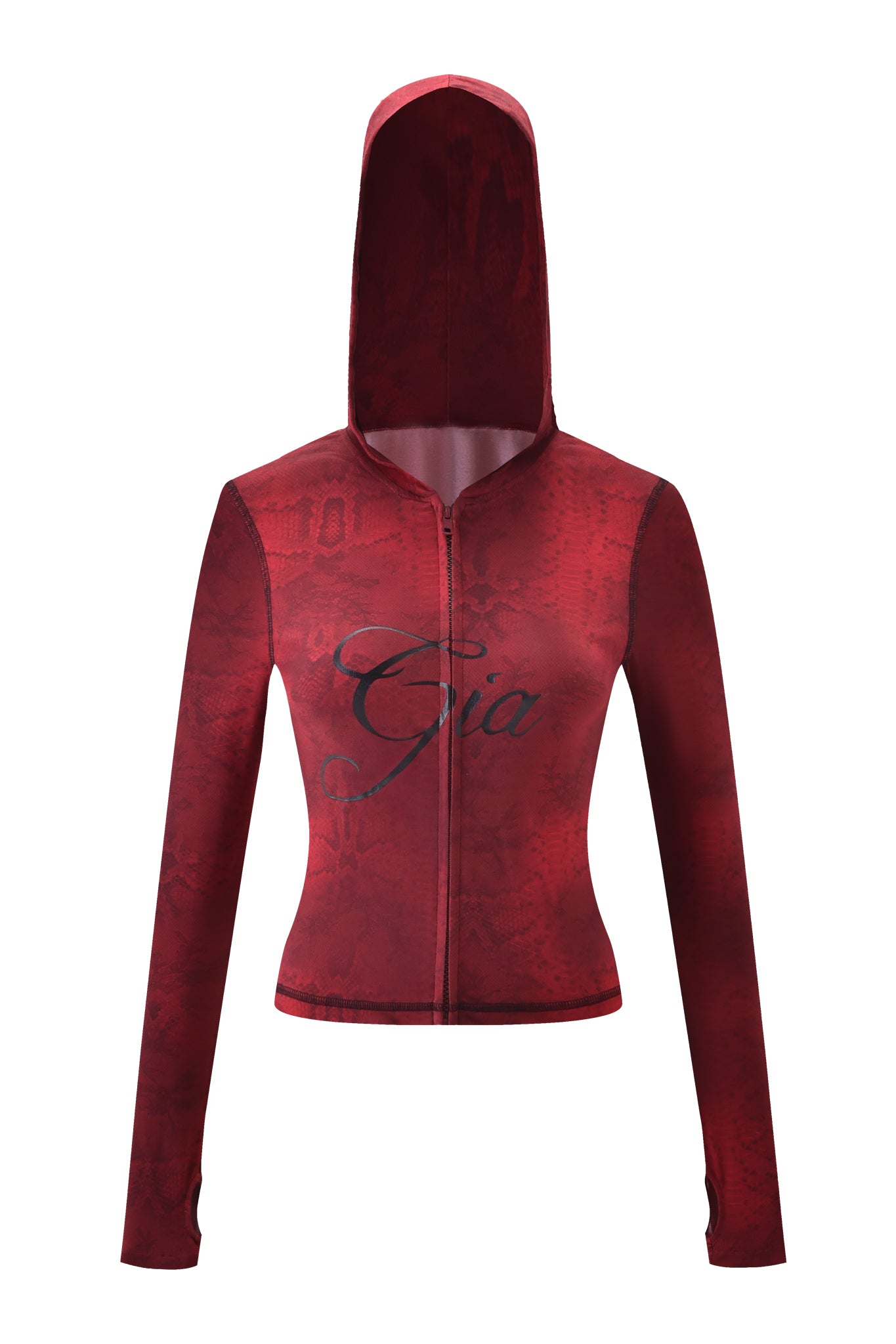 The BLARE HOODIE - RED SERPENTINE by I.AM.GIA is a fitted, long-sleeve red zip-up hoodie featuring a subtle serpentine print and "Gia" in black script on the chest. The hood is worn up with no visible pockets.