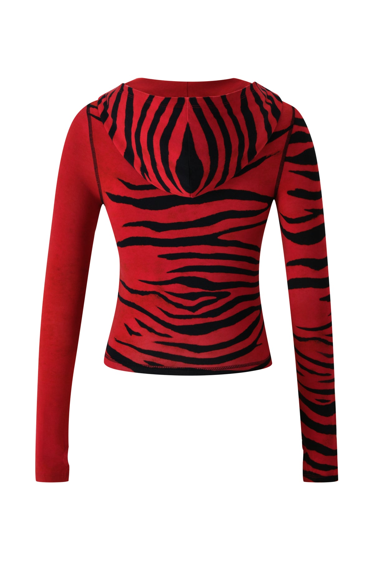 I.AM.GIA’s BLARE HOODIE - RED WILD SIDE features a bold black tiger stripe pattern on red, with the distinctive Red Wild Side print accenting the hood and one sleeve. Crafted from soft bamboo fabric, this long-sleeve hoodie is shown here from the back for a striking and comfortable everyday look.