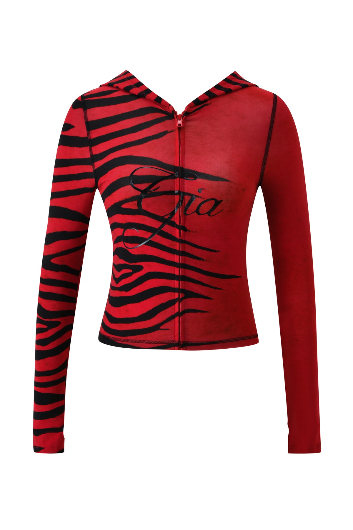 The BLARE HOODIE - RED WILD SIDE by I.AM.GIA features a red Wild Side print with black zebra stripes, a long-sleeve zip-up design, “Gia” in cursive on the chest, and a fitted silhouette crafted from soft bamboo fabric.