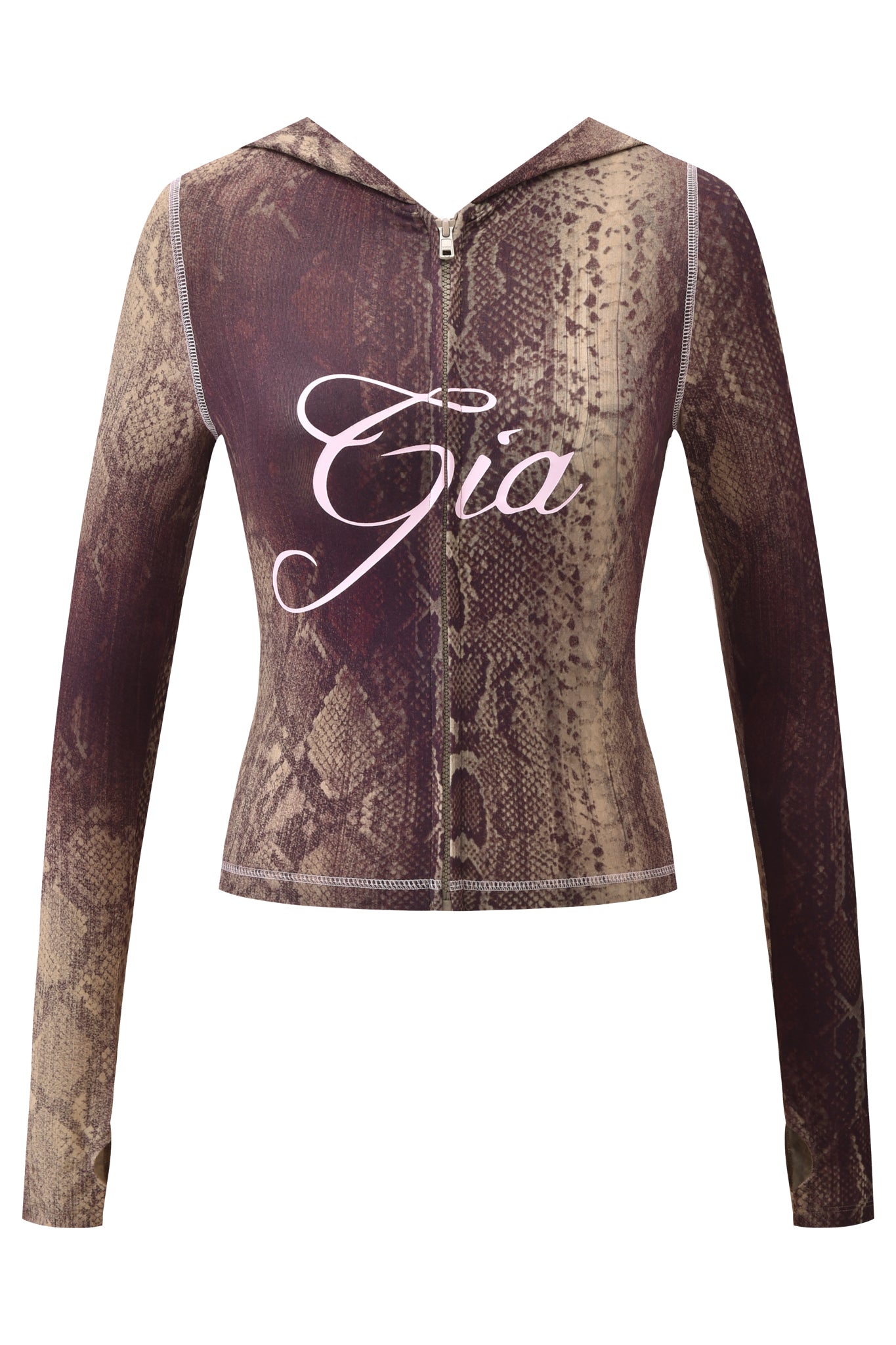 The BLARE HOODIE - SNAKE by I.AM.GIA is a fitted, long-sleeve zip-up hoodie featuring a snake print and “Gia” in bold white script across the chest.