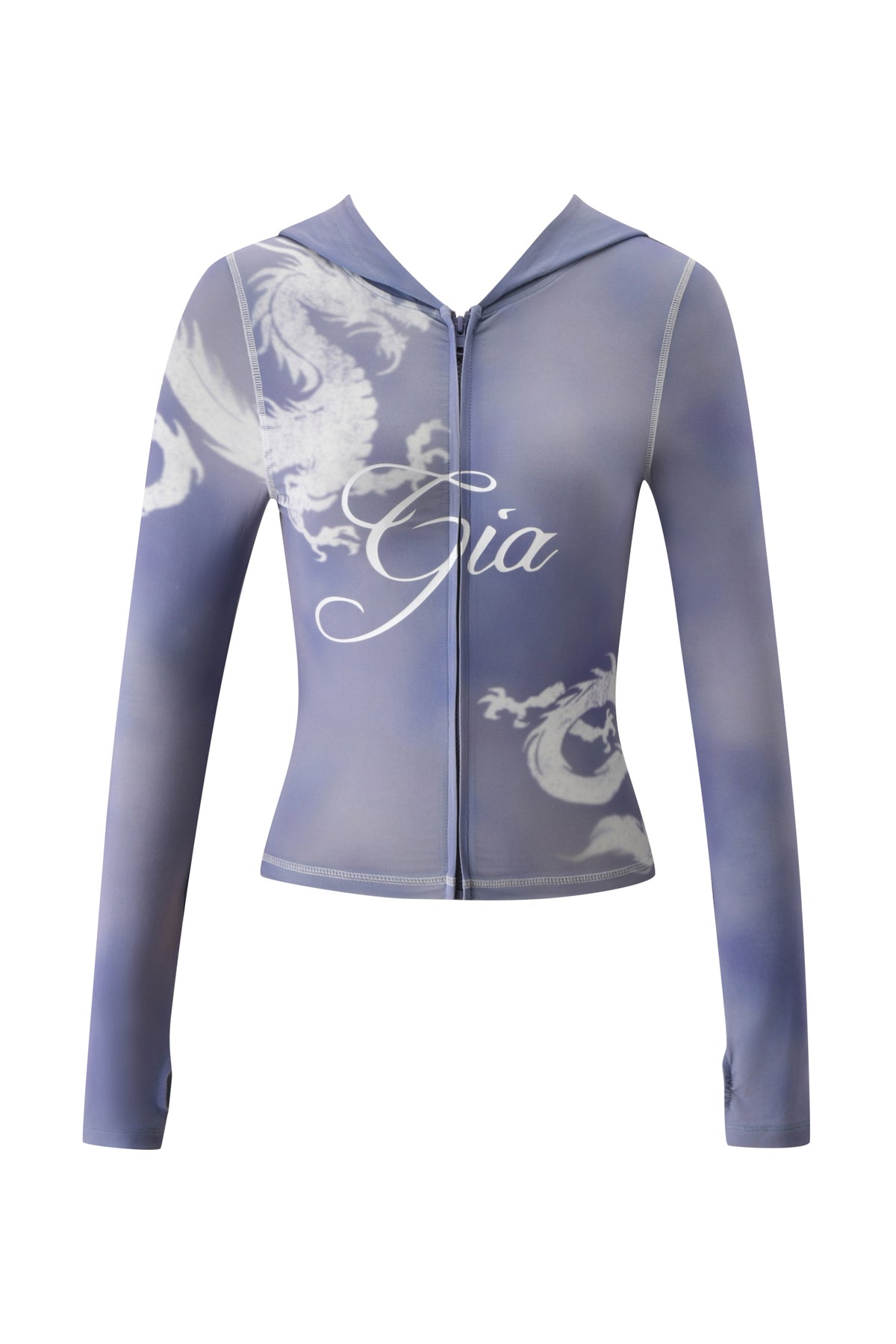 The BLARE HOODIE - STEEL BLUE DRAGON by I.AM.GIA is a fitted, long-sleeve zip-up hoodie crafted from sheer purple fabric, featuring bold white dragon designs that channel the dynamic presence of a steel blue dragon, with “Gia” elegantly scripted across the front.