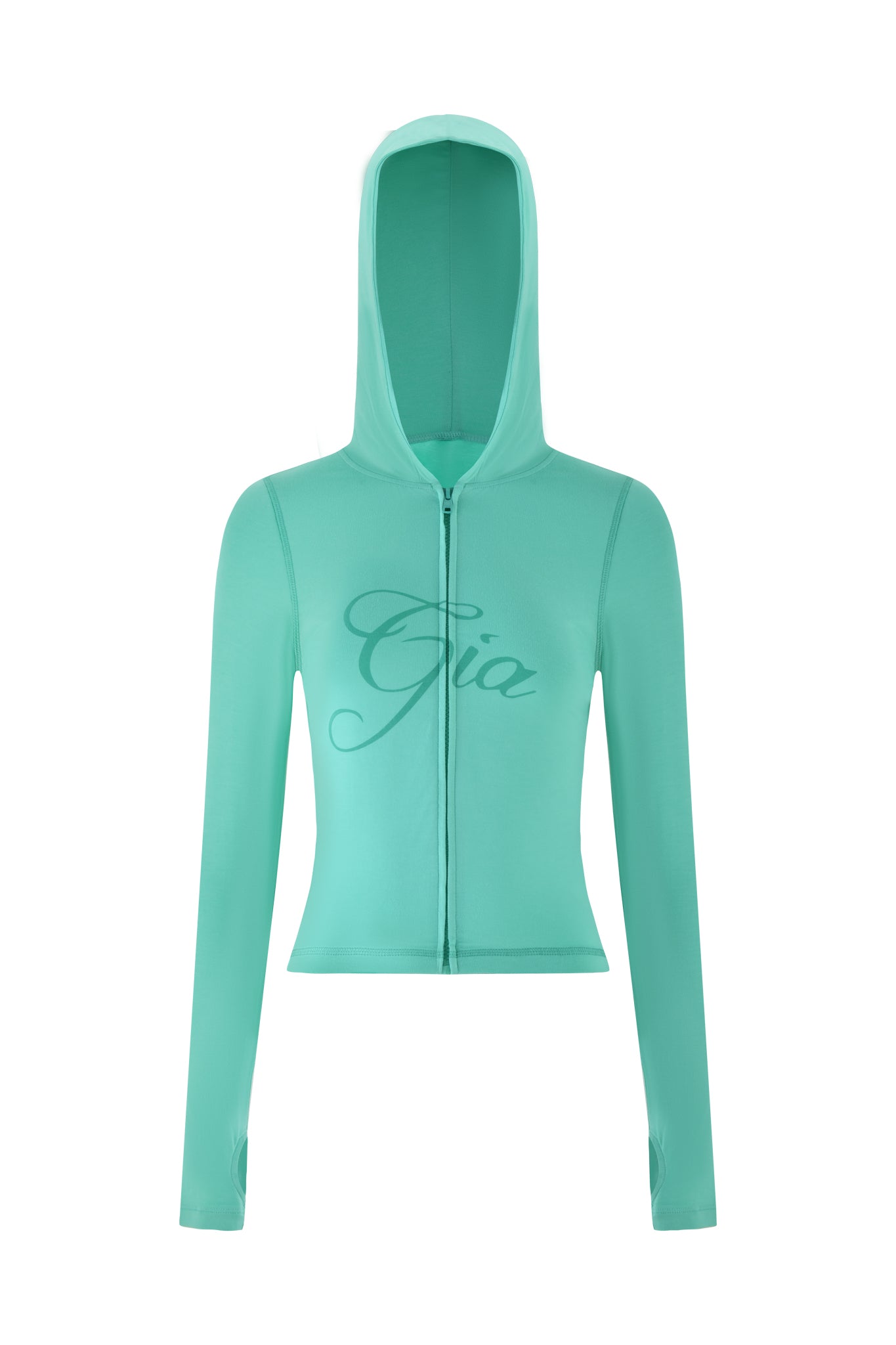 The I.AM.GIA Blare Hoodie in turquoise teal boasts a bodycon silhouette with a front zipper and stylish cursive "Gia" on the chest, complemented by practical thumbholes on the sleeves.