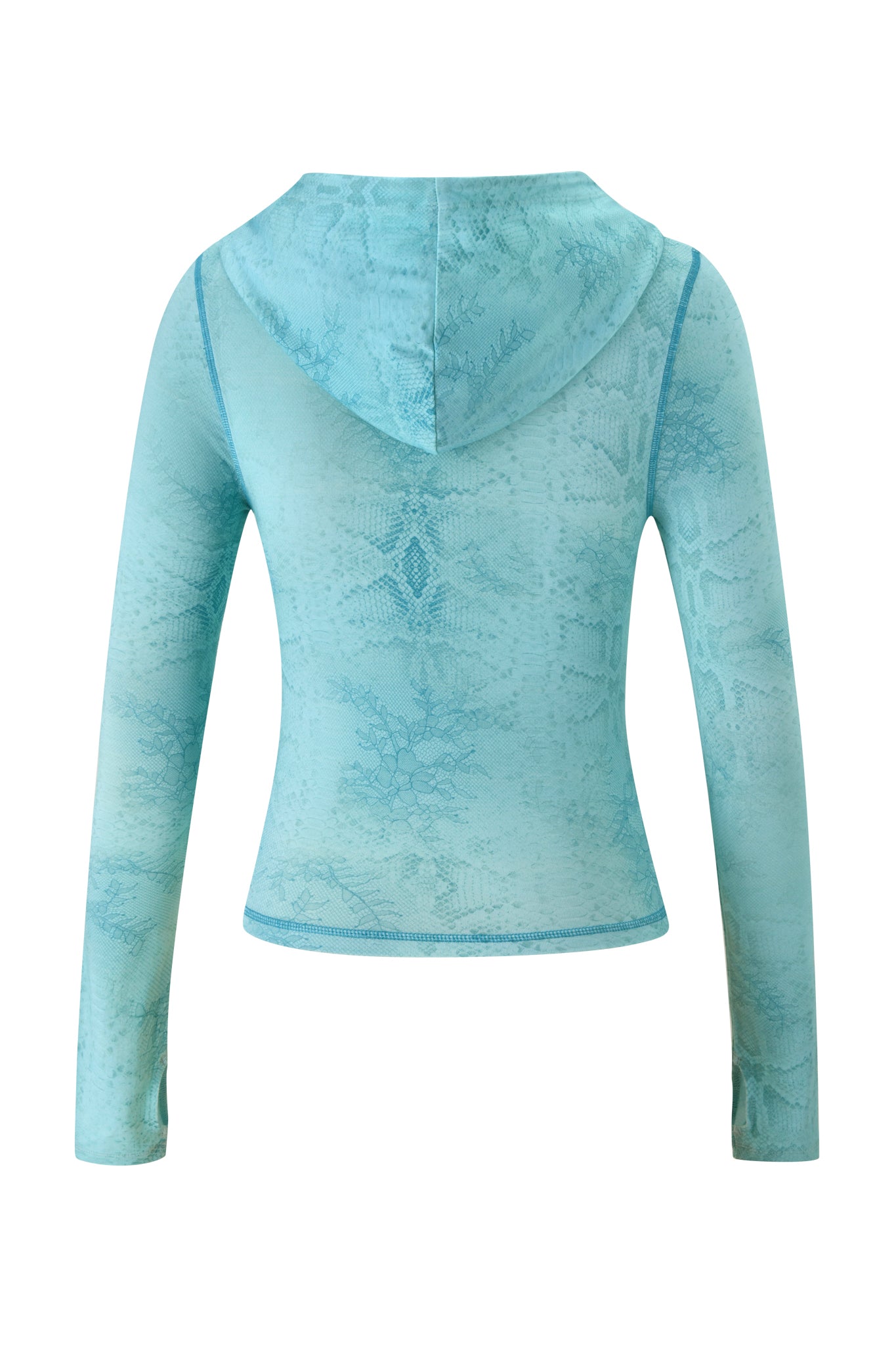 The BLARE HOODIE - TEAL SERPENTINE by I.AM.GIA is a fitted, long-sleeve hoodie in soft bamboo viscose with a subtle abstract pattern and visible stitching, shown from the back against a plain white background.