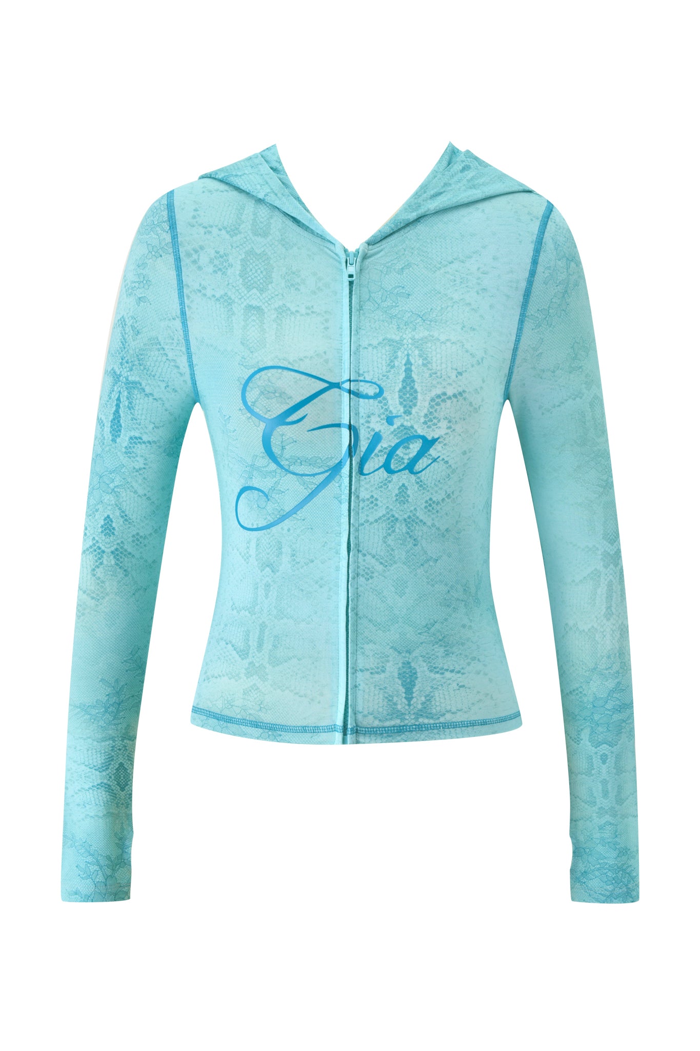 The I.AM.GIA BLARE HOODIE - TEAL SERPENTINE features a light blue bamboo viscose build with a subtle teal serpentine snakeskin pattern, long sleeves, zip-up front, and bold "Gia" cursive text across the front.