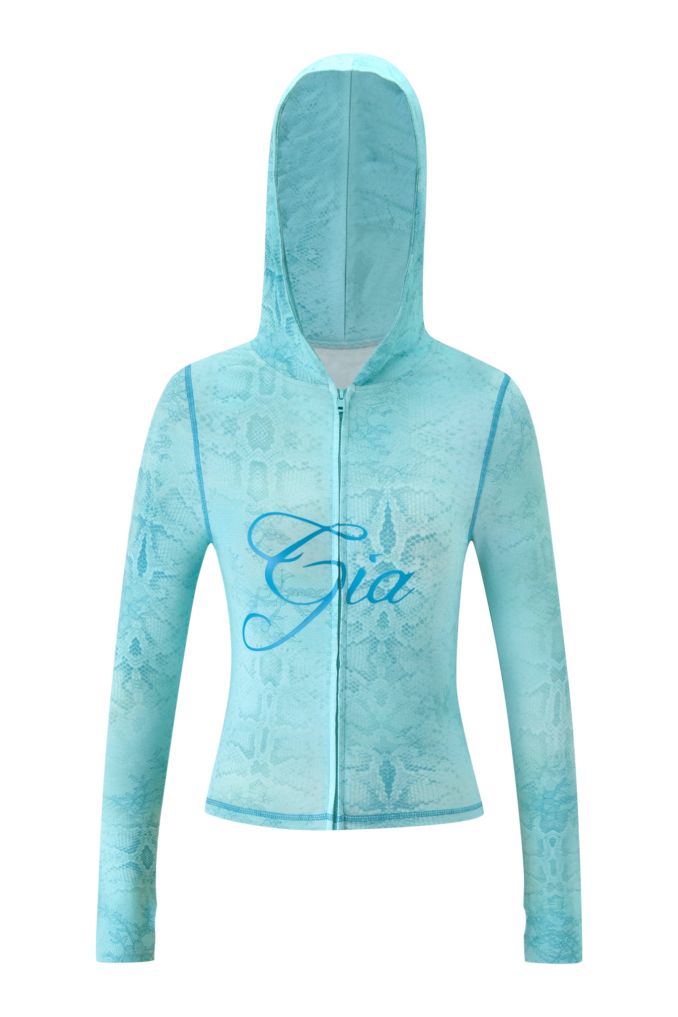 The BLARE HOODIE - TEAL SERPENTINE by I.AM.GIA features a light blue, long-sleeve zip-up design with a subtle teal serpentine snake-skin pattern and "Gia" elegantly scripted across the chest in dark blue.