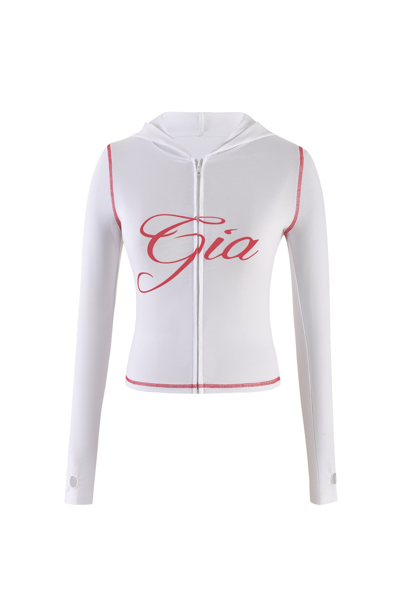 The BLARE HOODIE - WHITE by I.AM.GIA is a white, long-sleeve crop hoodie with a front zipper and hood. It features contrast red stitching along the seams, elegant "Gia" in large red script on the chest, and convenient thumb-hole cut-outs for added comfort.