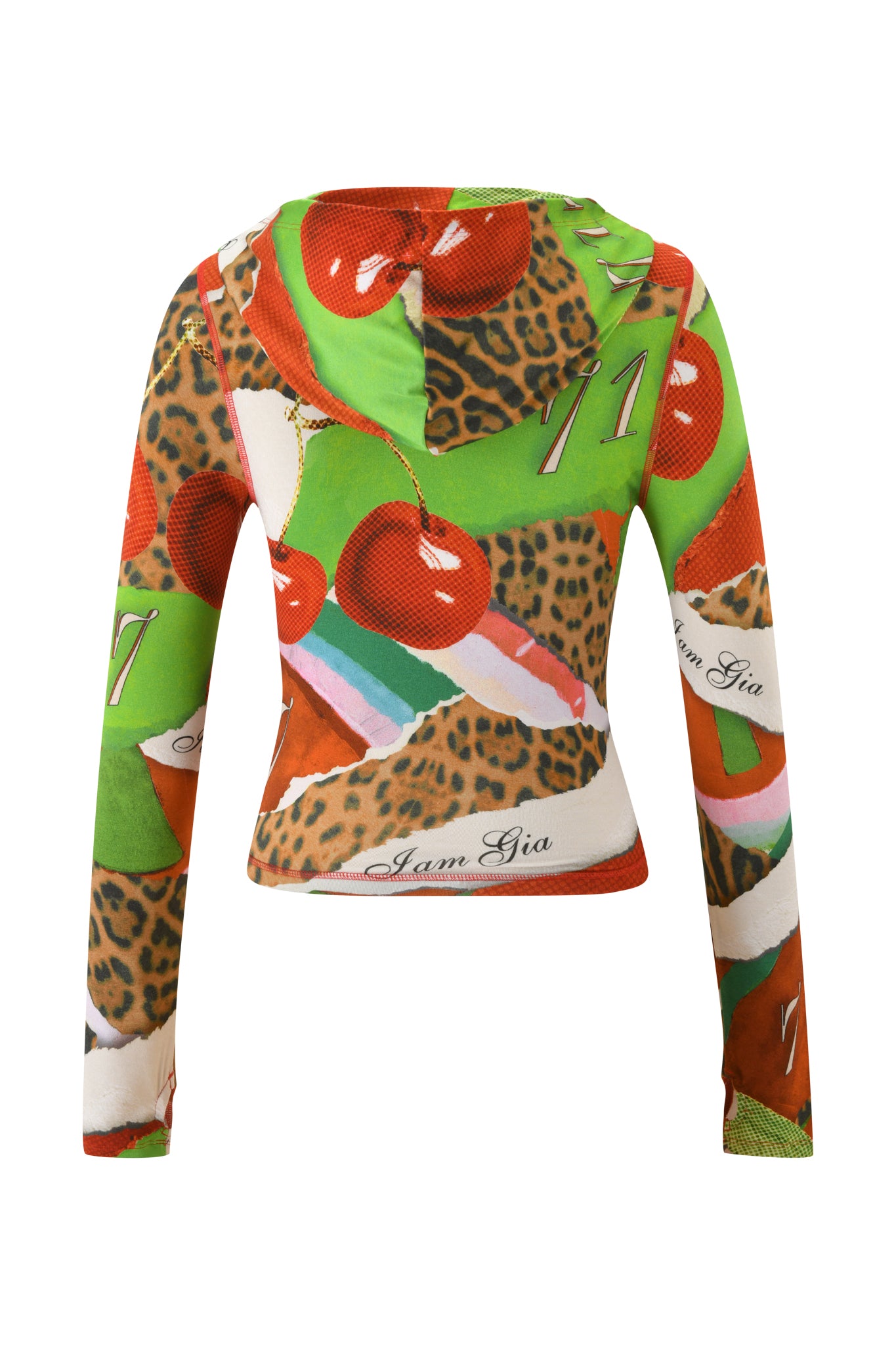 The BLARE HOODIE - WILD CHERRY by I.AM.GIA features long sleeves, bamboo fabric, a vibrant Wild Cherry print with leopard pattern, green and red accents, and “I.AM.GIA” lettering. Shown from the back.
