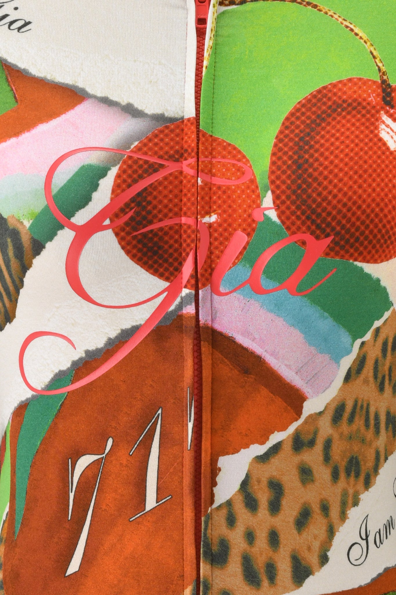 Add a pop of color to your BLARE HOODIE - WILD CHERRY by I.AM.GIA with its vibrant wild cherry print, leopard spots, torn paper edges, the number "71", and bold pink "Gia" script across the center.