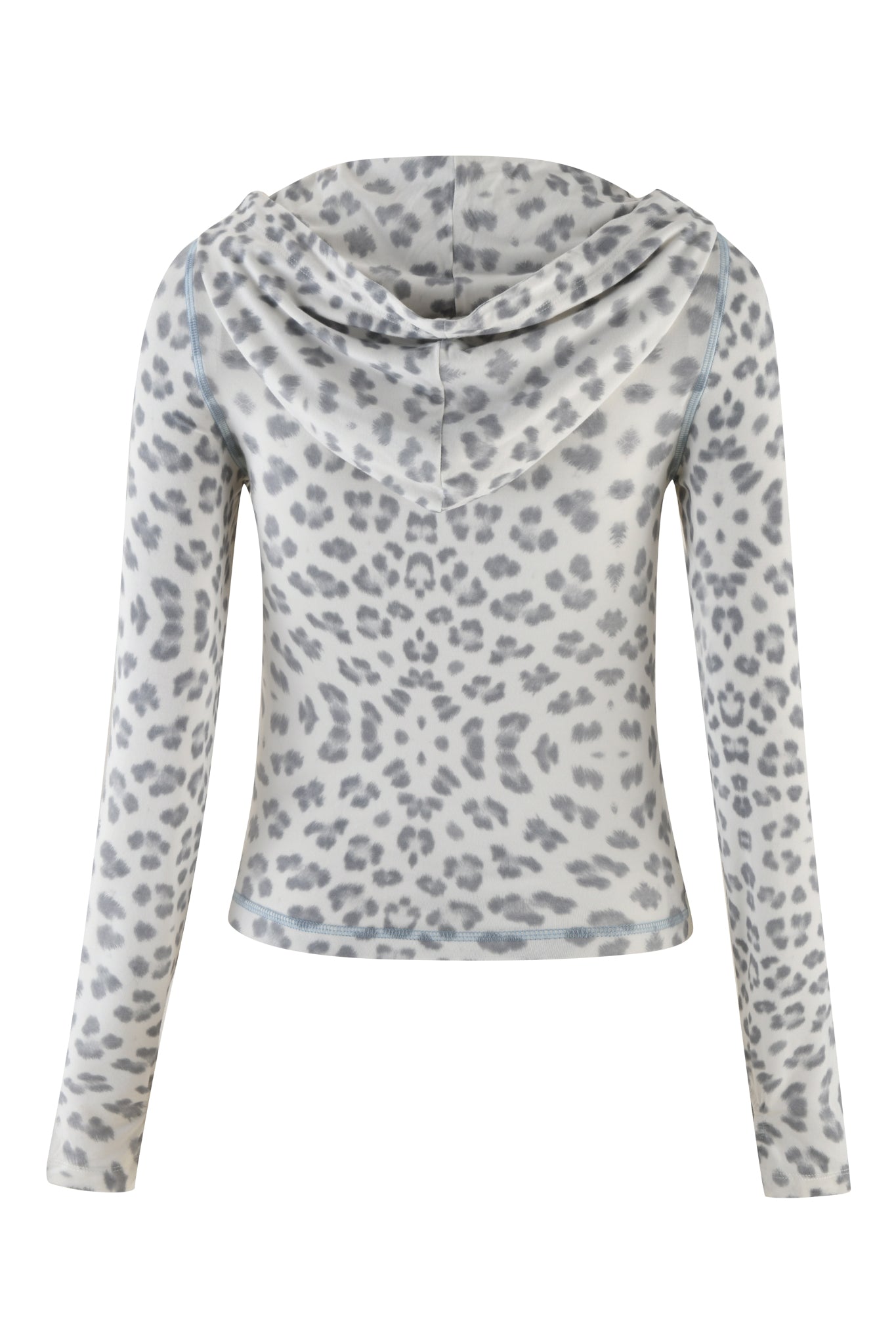 The I.AM.GIA BLARE HOODIE - SNOW LEOPARD : WINTER WILD CARD boasts a long-sleeved design in a gray and white snow leopard print, combining style with comfort. Its soft fabric is gentle against the skin, while the back view highlights the cozy hood and striking pattern.