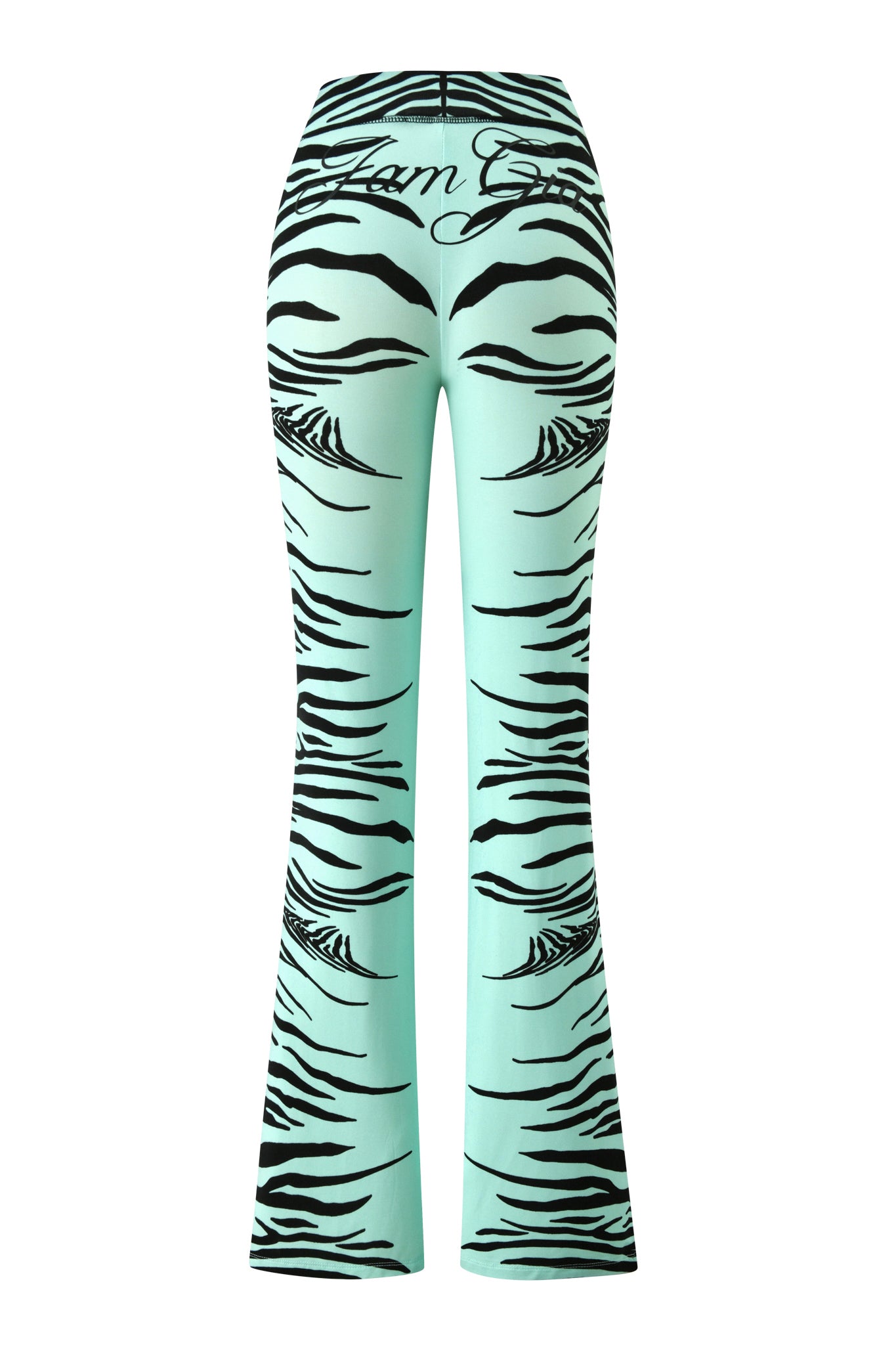 The BLARE TRACKPANT - AQUA FINE LINE ZEBRA by I.AM.GIA features an aqua mint green flare design with fine black zebra stripes and “I.AM.GIA” scripted across the waistband, displayed from the back against a plain white background.