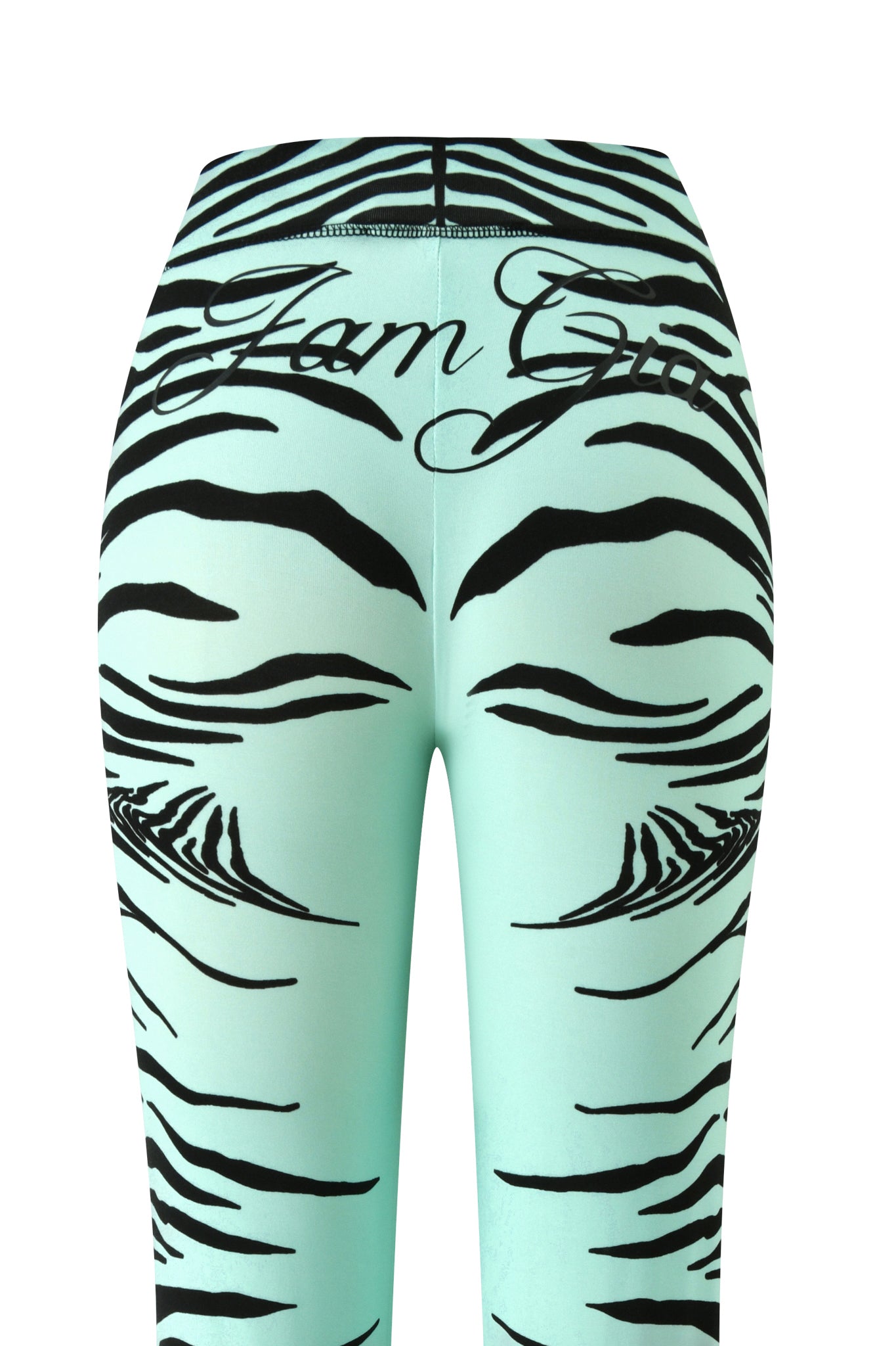 Close-up of the BLARE TRACKPANT - AQUA FINE LINE ZEBRA by I.AM.GIA, showcasing light teal leggings adorned with bold black fine-line zebra stripes and cursive “Glam Girl” text across the waistband.