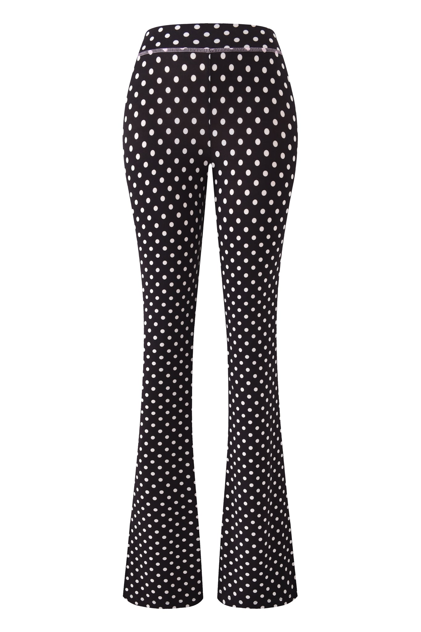 The I.AM.GIA BLARE TRACKPANT - BLACK POLKA DOT features a high waist, flared leg, and white polka dot print, shown from the back.