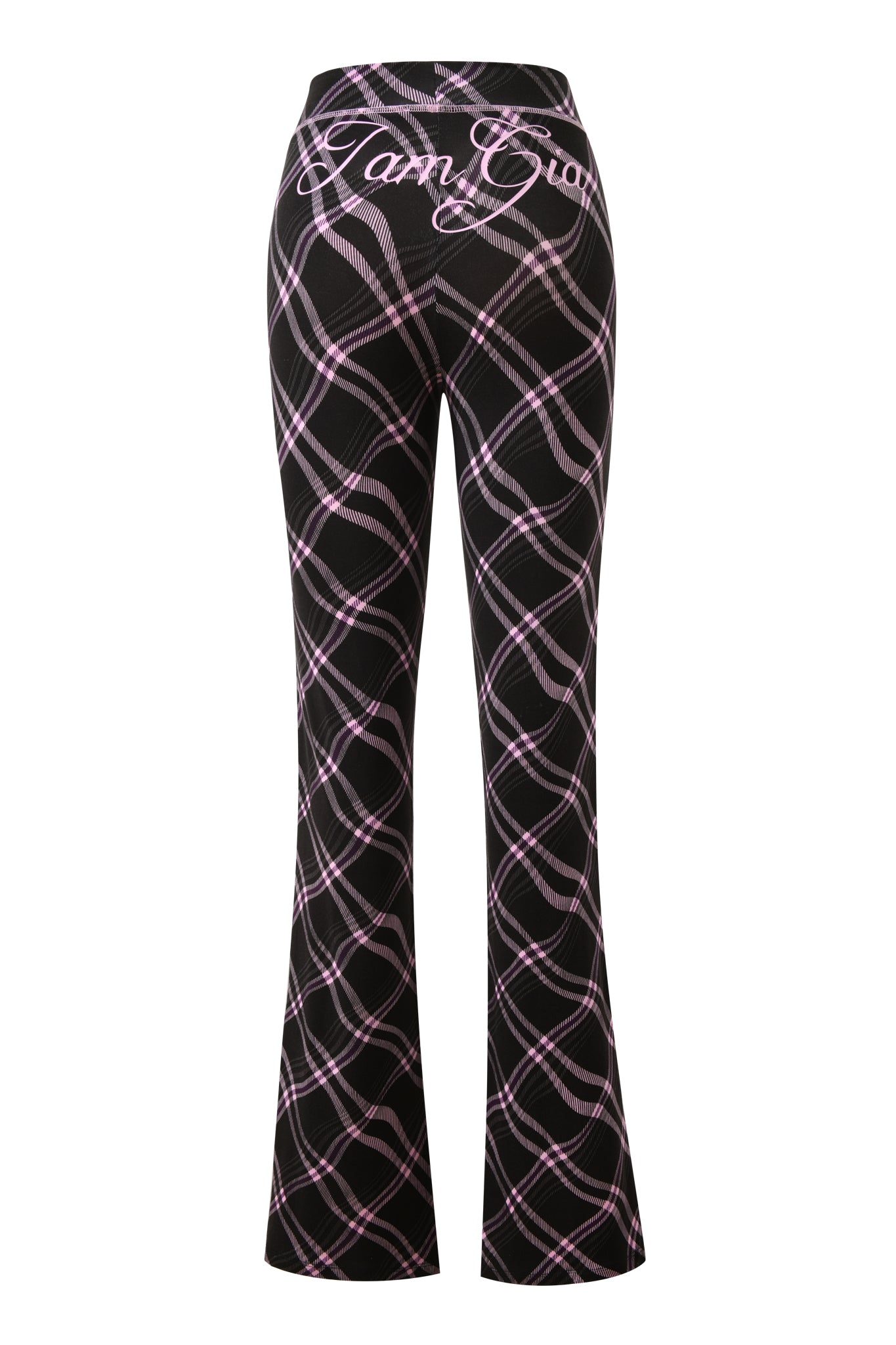 The I.AM.GIA BLARE TRACKPANT in black warped plaid features a pink and white plaid print with "I am Gia" cursive on the back waistband, shown here from the rear view.