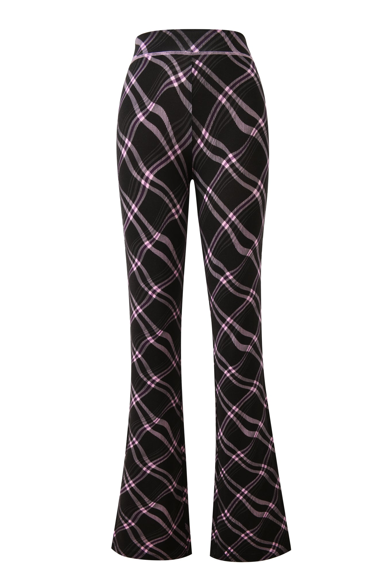 A pair of high-waisted, flared I.AM.GIA BLARE TRACKPANT in black warped plaid, shown from the back.