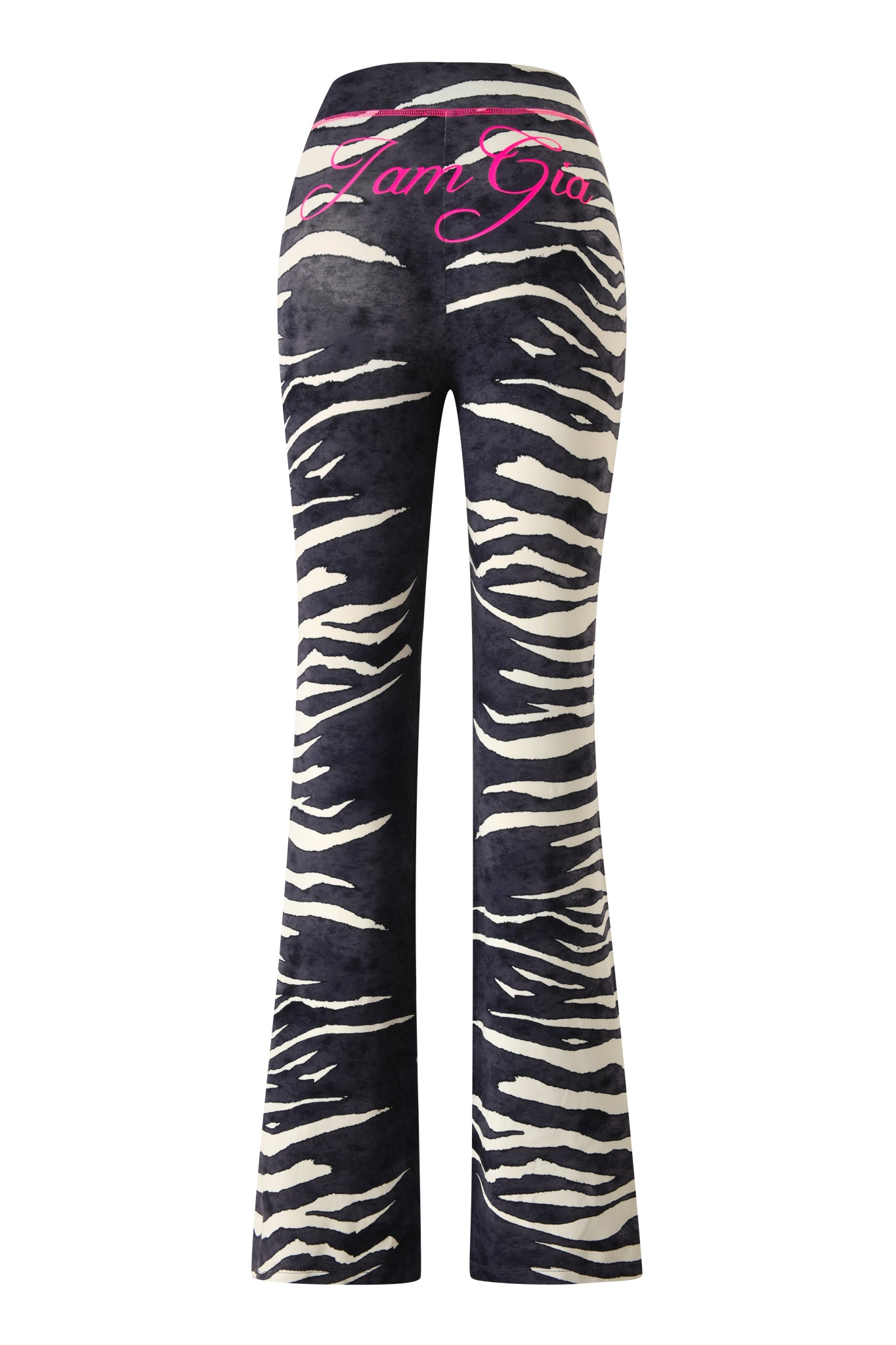 Rear view of the BLARE TRACKPANT - BLACK WILD SIDE by I.AM.GIA, featuring zebra print flare legs and “I.AM.GIA” in pink cursive on the back waistband.