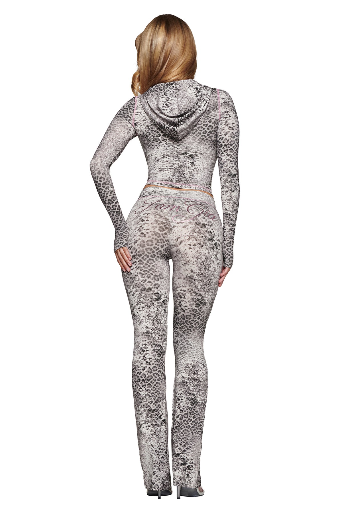 A person seen from behind, wearing a BLARE HOODIE - SILVER LUXE LEOPARD and matching pants in a grey and black leopard print.