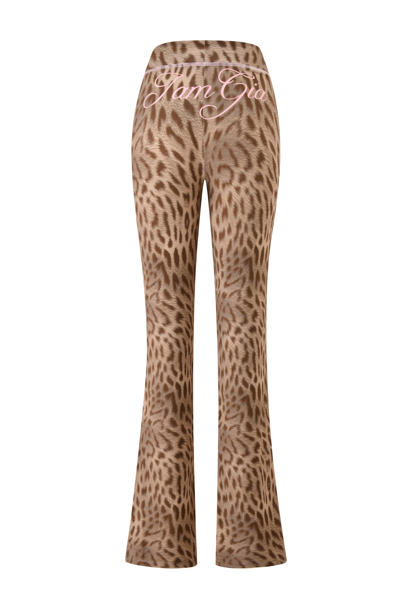 The BLARE TRACKPANT - BLAZE CHEETAH by I.AM.GIA features beige cheetah-print flared legs and "I AM GIA" in pink script on the waistband, inspired by the iconic Blare trackpant style.