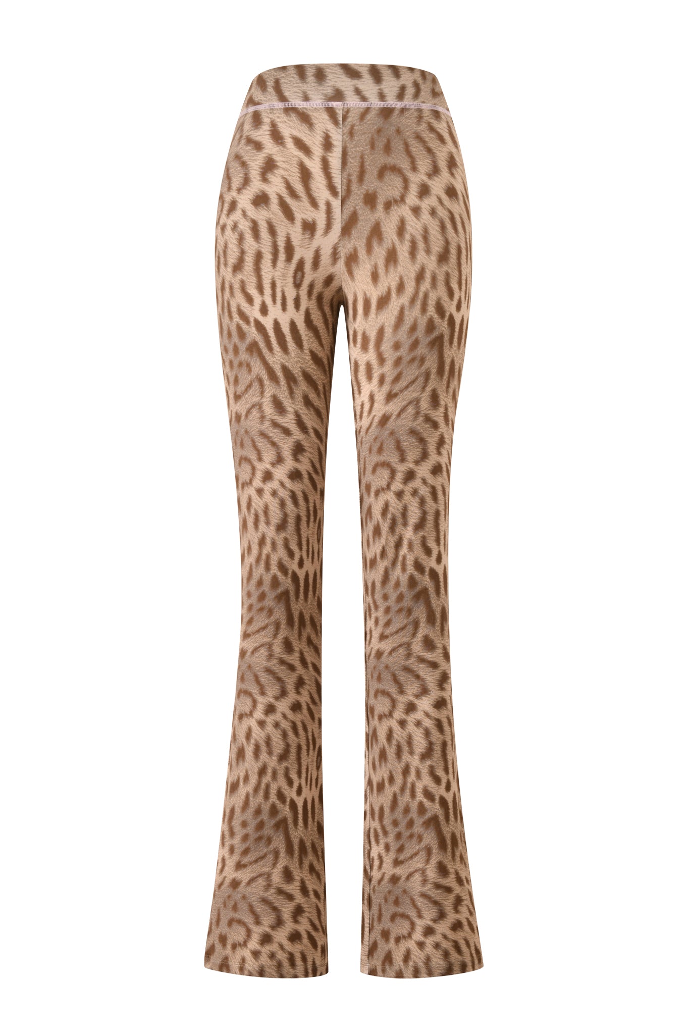 The I.AM.GIA BLARE TRACKPANT - BLAZE CHEETAH features a high-waisted flared leg design with a light brown and beige cheetah print, shown against a plain white background.